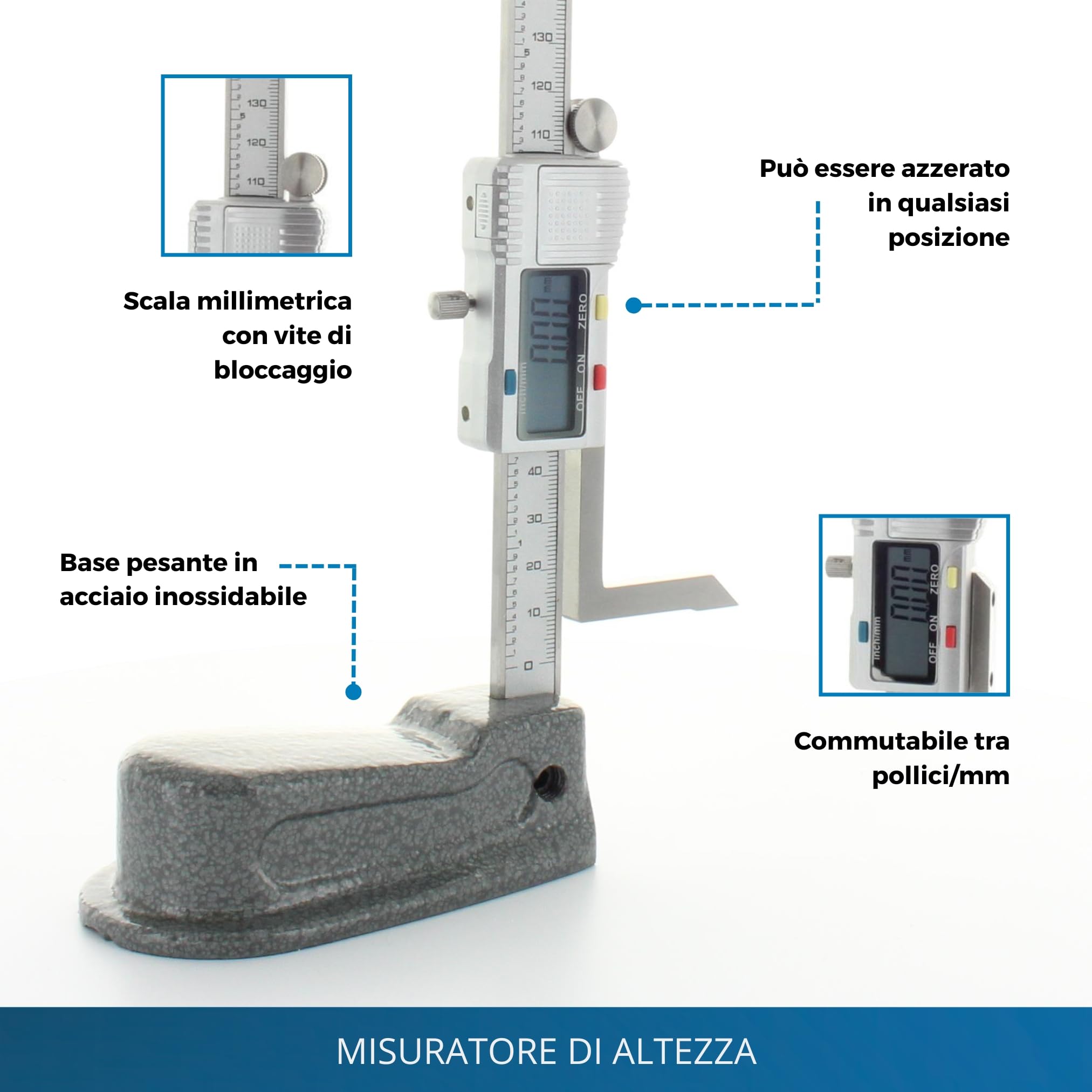 Calibro di altezza digitale hedue® - calibro di altezza con campo di misura 0-150 mm, calibro di altezza per la regolazione di lame e teste di fresatura