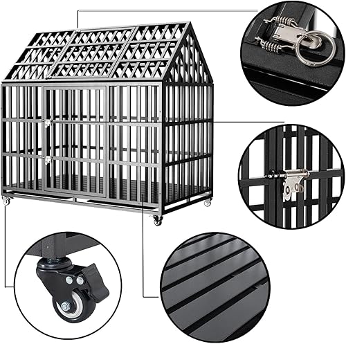 Miniatura 3 de Jaula indestructible para perros de 52 pulgadas, XL  XL con techo abierto, 4 ruedas con bloqueo y 2 bandejas, jaula de impacto a prueba de fugas