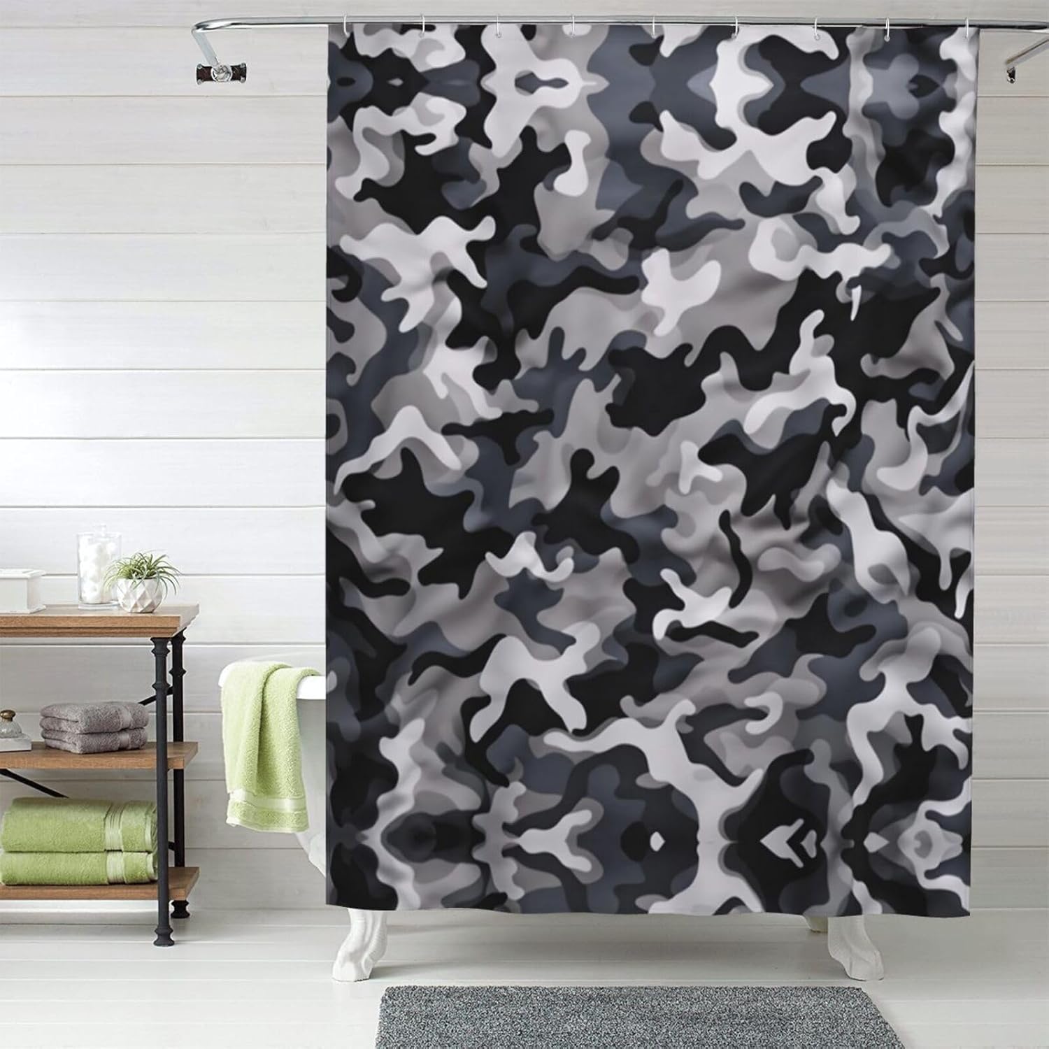 KIROJA Black Grey White Camo Shower Curtain,Waterproof Fabric Shower Curtains Bathroom Bathtub Decor with Hanging Hooks,60x72 in