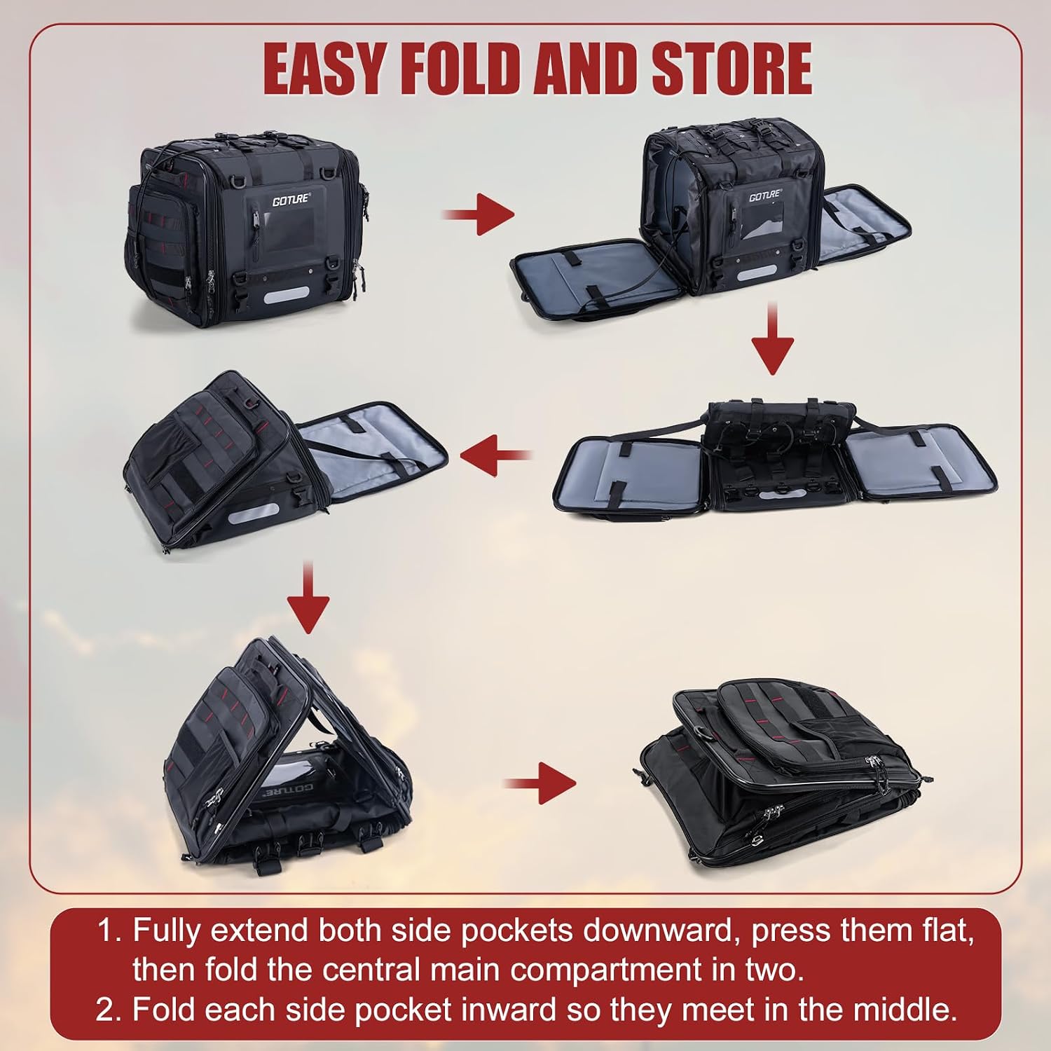 Goture 50L-70L Expandable Motorcycle Tail Bag, 1000D High-Tenacity Abrasion-Resistant Motorcycle Luggage Bag, Water-Repellent Motor Cycle Rear Seat Bag for Touring Cruisers with Rain Cover & Straps