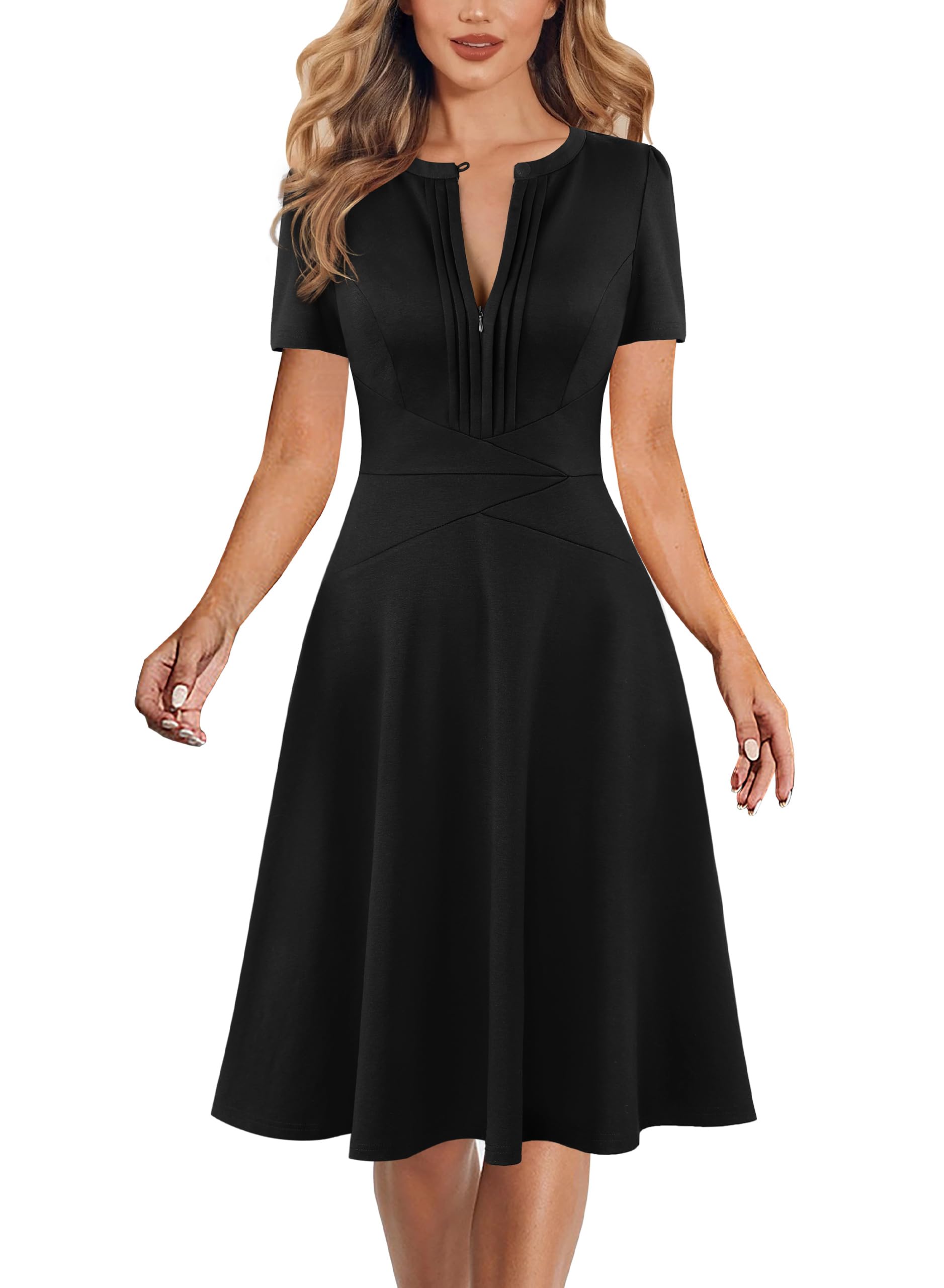 VFSHOW Womens Summer Work Business Dresses Pleated Crew Neck Front Zipper Button Office Slim A-line Fit and Flare