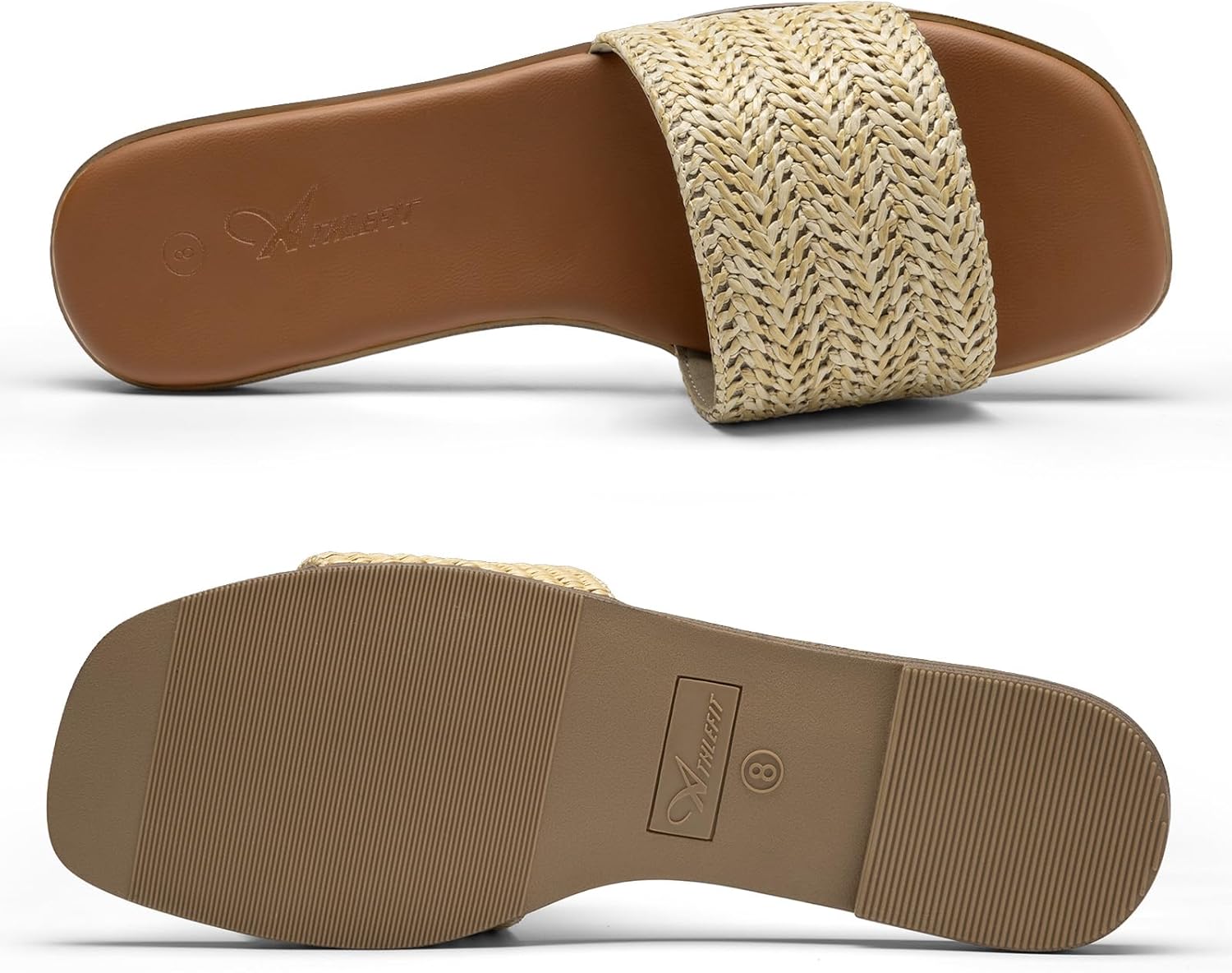 Athlefit Flat Sandals for Women Summer Raffia Square Toe Comfortable Slip On Dressy Casual Slide Sandals for Beach Travel - Image 5