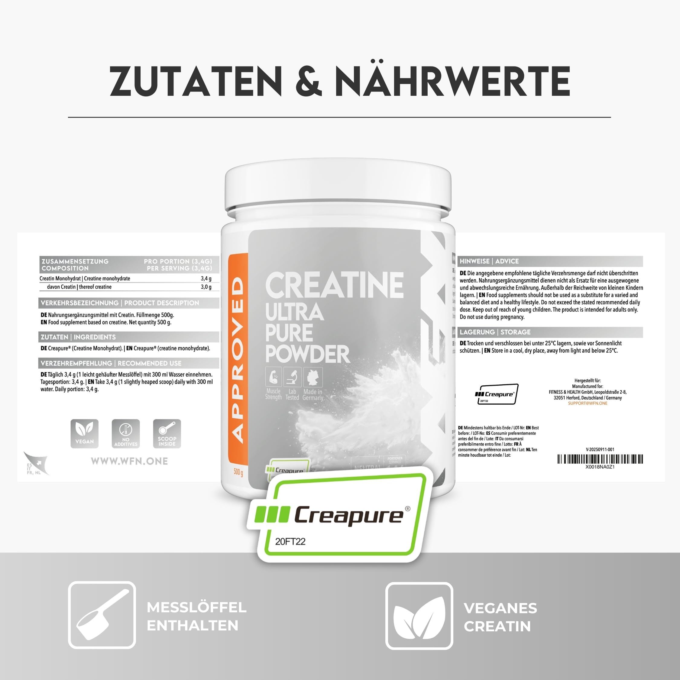 WFN Approved Creatine - Creapure - Creatin Monohydrat Pulver - 500g Dose - Reines Kreatin Pulver - Vegan - Neutral & Ohne Zusätze - 146 Portionen - Made in Germany - Extern laborgeprüft