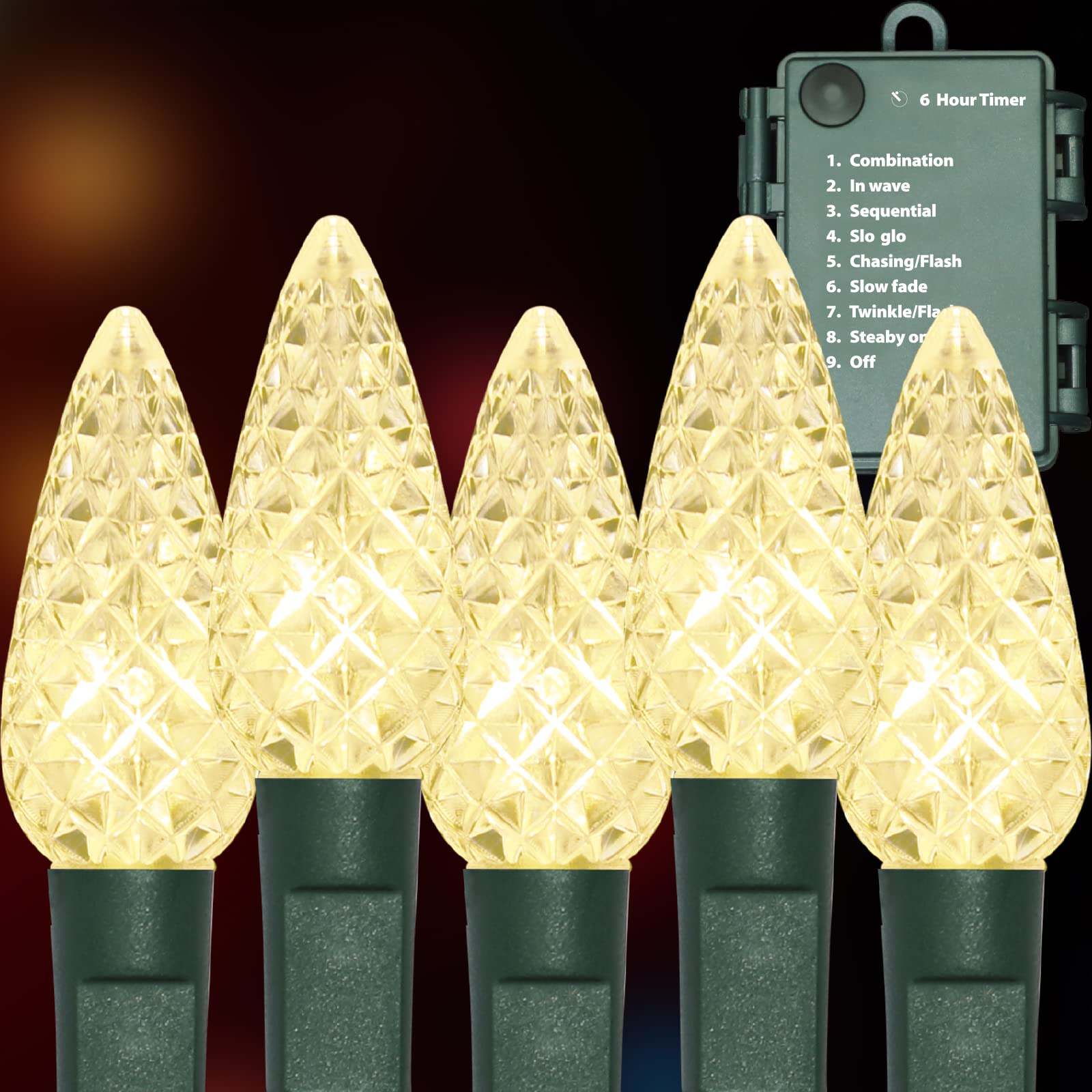 TWINGLEHOME 50LED C6 Lights,Green Wire,Waterproof Battery Case,Multi Functions,Timer,Warm White