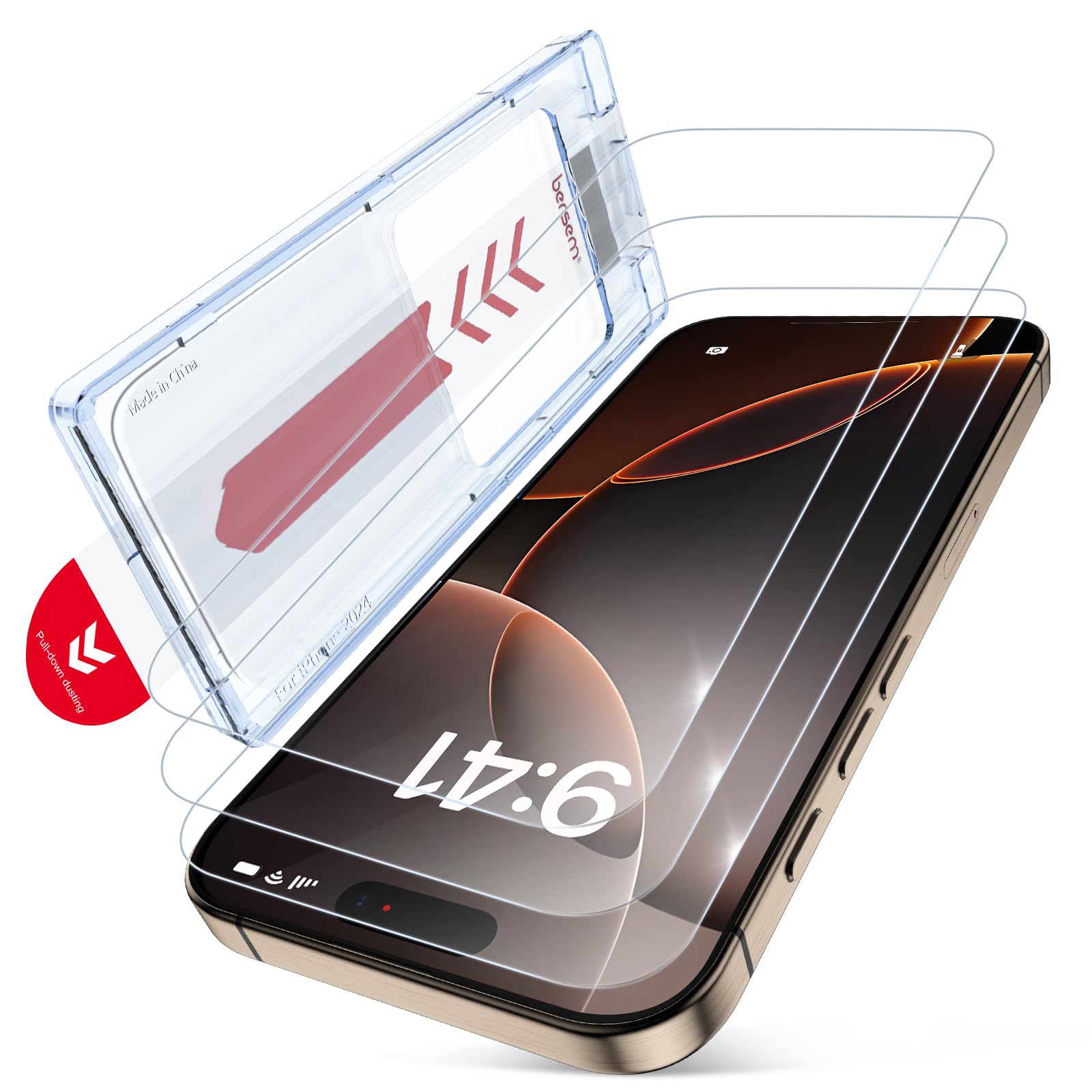 bersem 3 Pack for iPhone 16 Pro 6.3 Inch Screen Protector + 1 Pack Camera Lens Protector, 9H+ Tempered Glass Film with Customized Installation Tray, Military Grade Shatterproof, HD Clear
