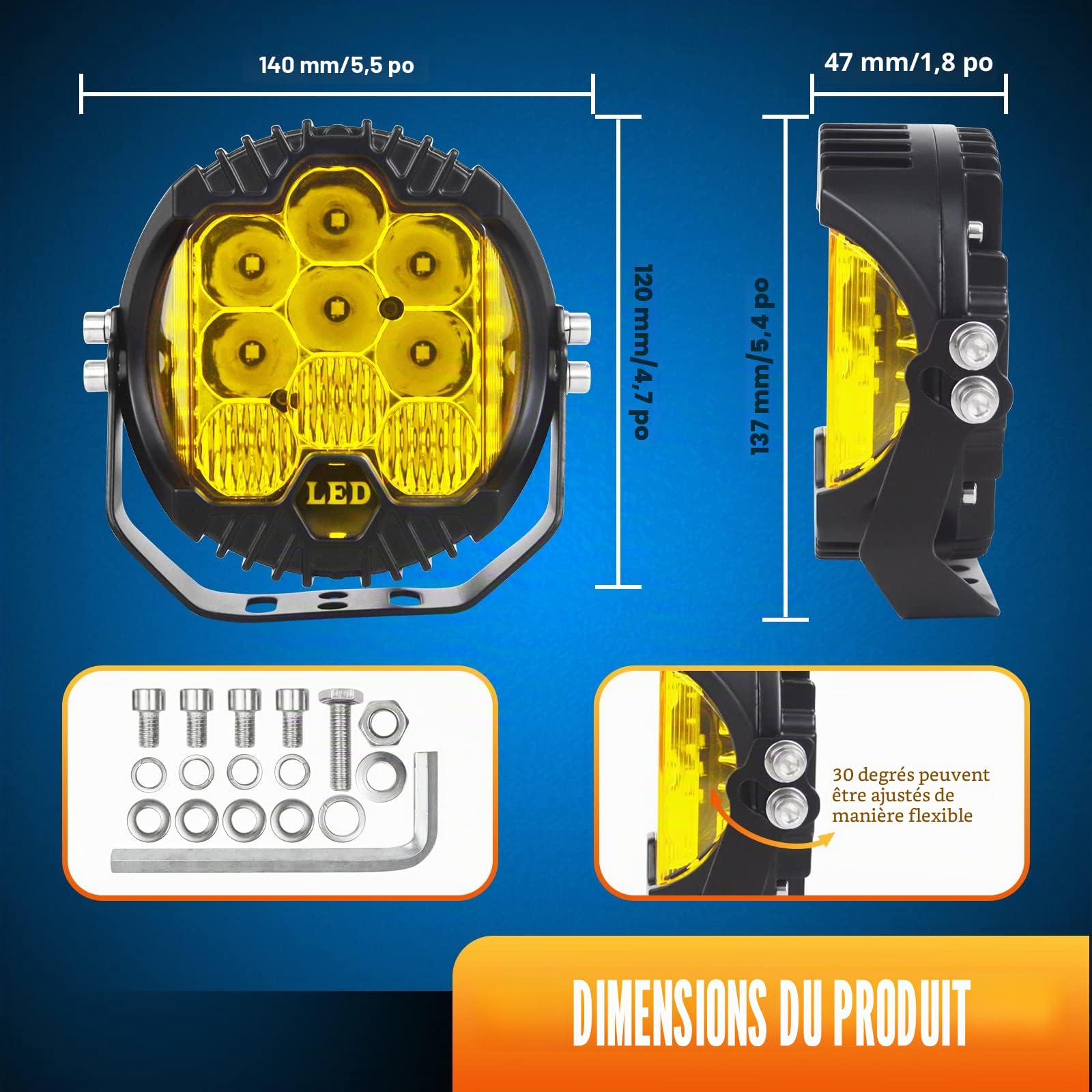 PICAA 2 pièces 5 pouces 50W Phare de Travail Led 3000K Jaune 12v 24v