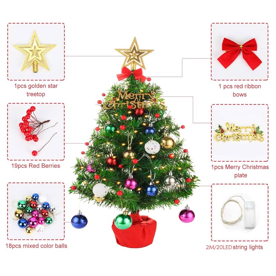 3 PCS Small Christmas Tree With Lights, Table Top Christmas Tree With Warm White Lights And Snow Mini Artificial Xmas Tree For Home Office Tabletop