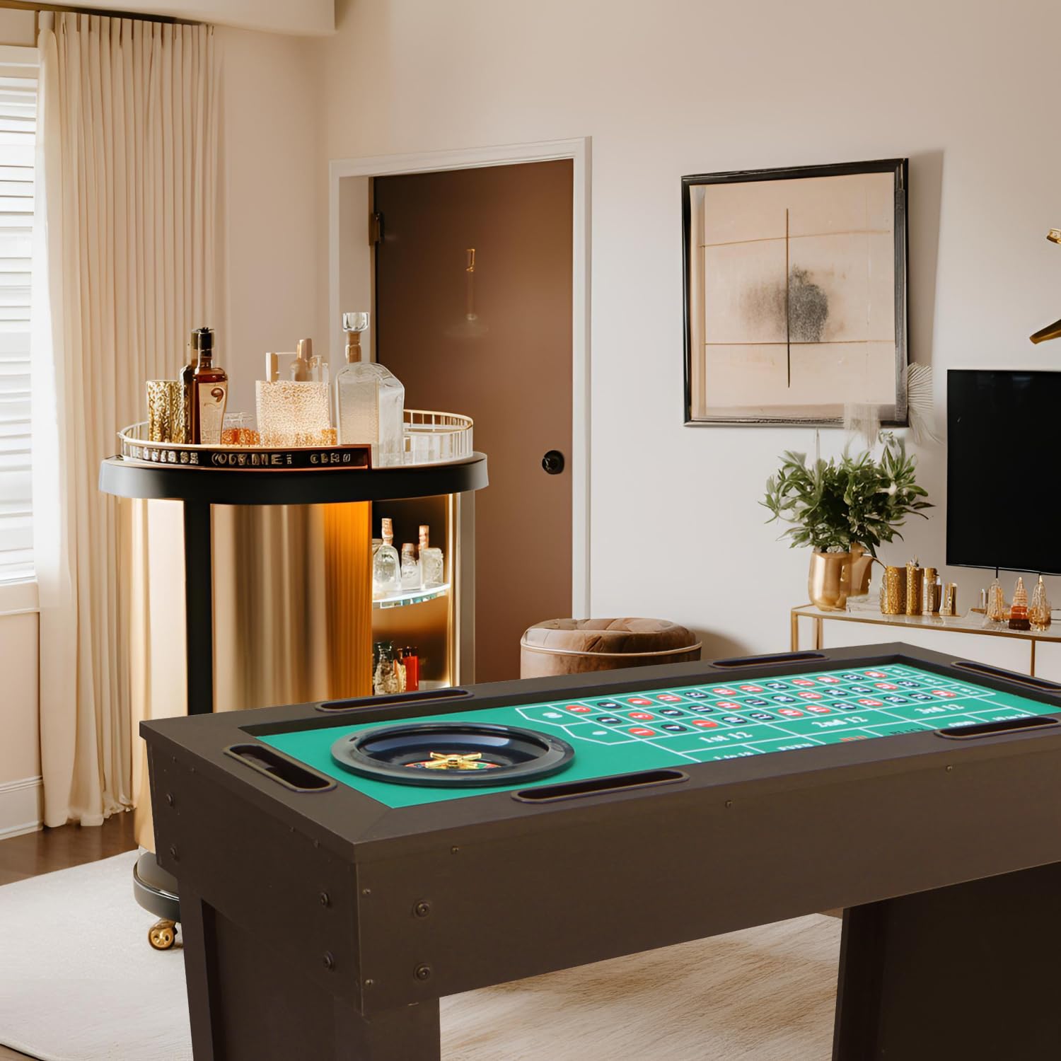 Bar de Casino Multifonction 6-en-1, Roulette, Blackjack, Craps, Poker, Sic-bo et pateau de Bar