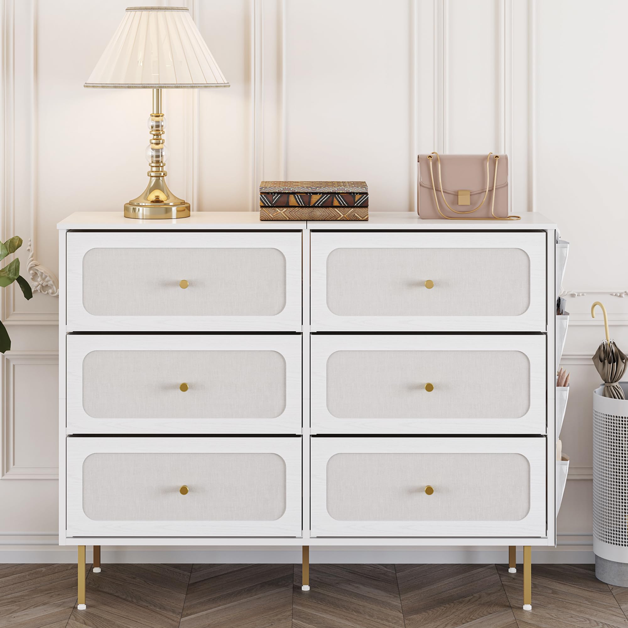 Hzuaneri Commode 110cm, Armoire avec 6 Tiroirs en Tissu, Meuble de Rangement, Cadre en Métal, 30 x 110 x 85 cm, pour Le Salon et la Chambre, Style Moderne, Blanc-Or DU25813AW
