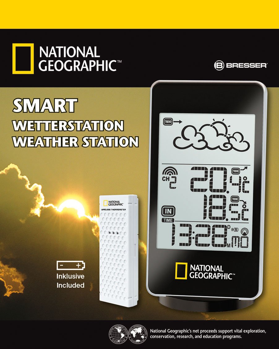 National Geographic Bresser Basic - Stazione meteorologica con visualizzazione delle Tendenze Meteo delle 12 Ore successive, Temperatura Interna/Esterna, Segnale Radio DCF e sensore Esterno, Nero