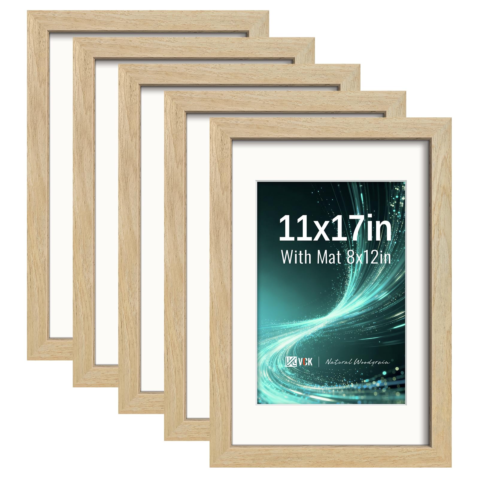 VCK 11x17 Picture Frame 5 Pack, Natural Exclusive Wood, HD Glass, for Photo