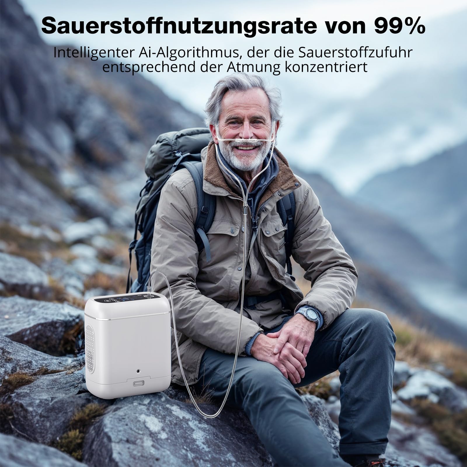 Mobil Sauerstoffkonzentrator mit Akku & Rucksack | Sauerstoffkonzentration 95 ± 3%, Sauerstoffgerät für Autos, Ausflüge und Reisen, mit Ai-Chip, Pulsmodus, Anleitung in Deutsch