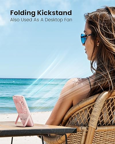 Miniatura 3 de Gaiatop Ventilador de mano portátil, espejo de maquillaje LED de 3 velocidades con luz, soporte plegable para escritorio, mini ventiladores Rosa