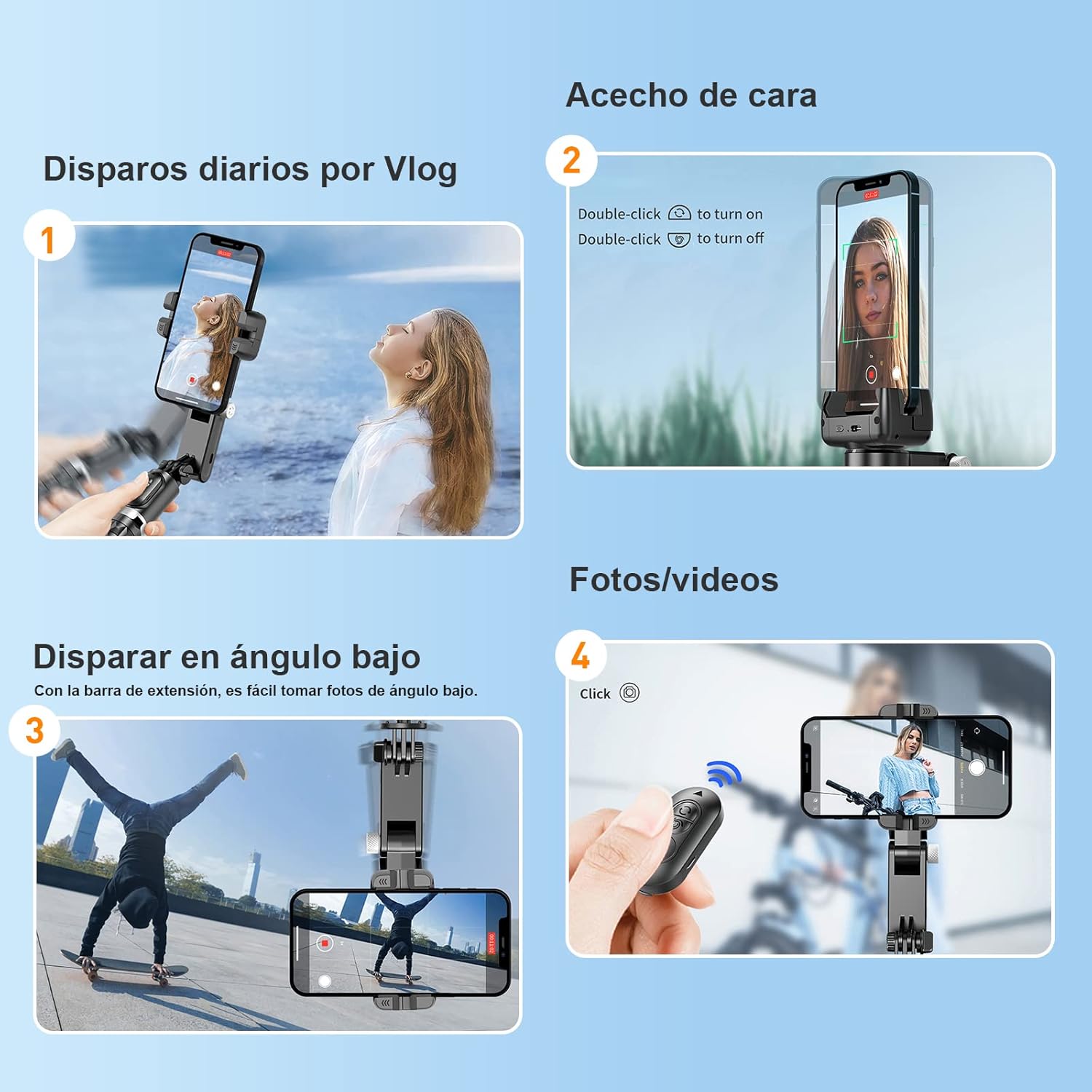 Four panels illustrating different uses: 1. Daily Vlogging, 2. Face Tracking (double-click to turn on/off), 3. Low-angle shots with extension bar, 4. Photos/Videos with remote control.