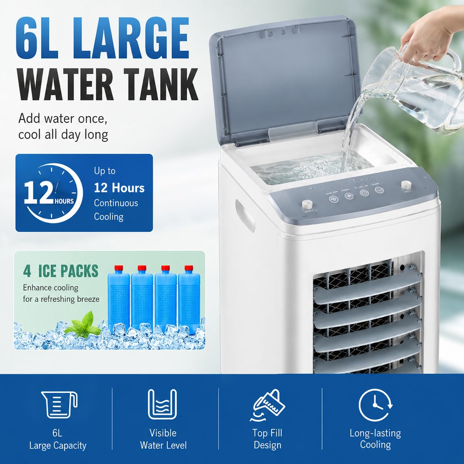 Climatizador Evaporativo, Ventilador de Torre Portátil 4 en 1, Tanque de 6L, 3 Velocidades y Modos, Oscilación 120°, Enfriador de Aire Silencioso con 4 Acumuladores de Hielo