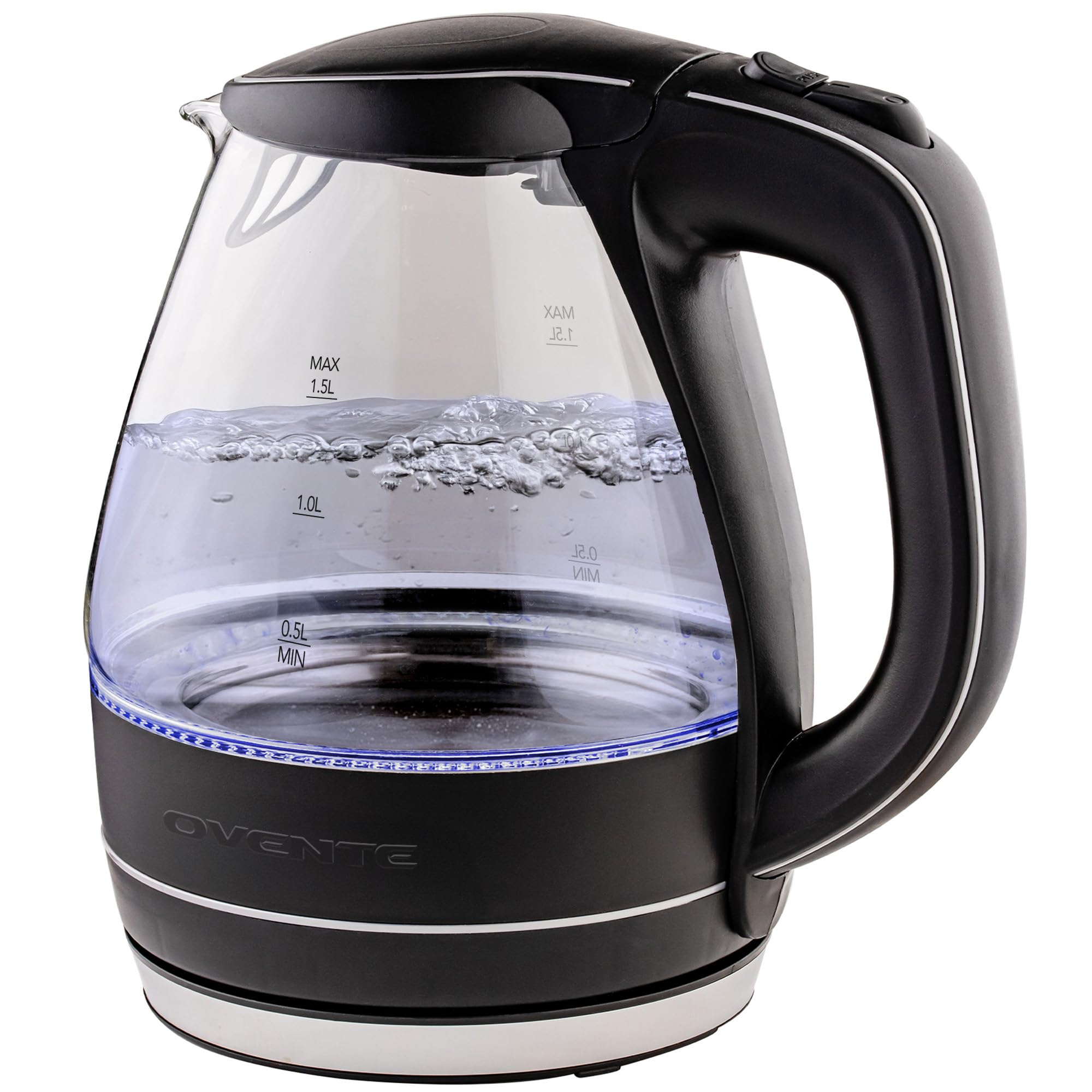 OVENTE Electric Kettle, 1.5L Borosilicate Glass Countertop Water Heater and Boiler for Coffee or Tea, BPA-Free, Auto Shut-Off, Boil-Dry Protection, Removable and Washable Spout Filter, Black KG83B
