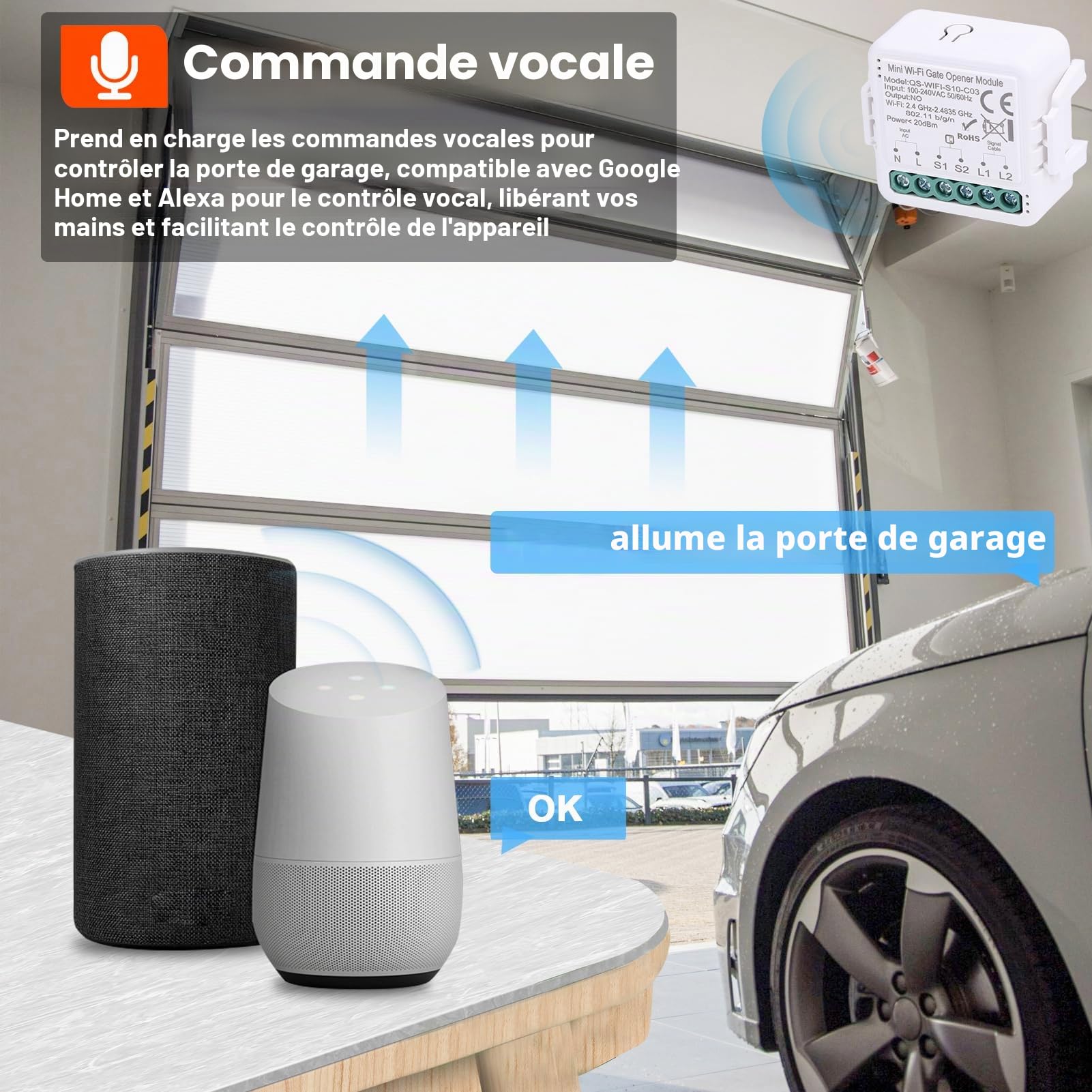 Module de porte de garage intelligent Wifi, ouvre-porte à commande vocale logicielle avec fonction minuterie et télécommande, interrupteur de porte de commande sans fil pour la