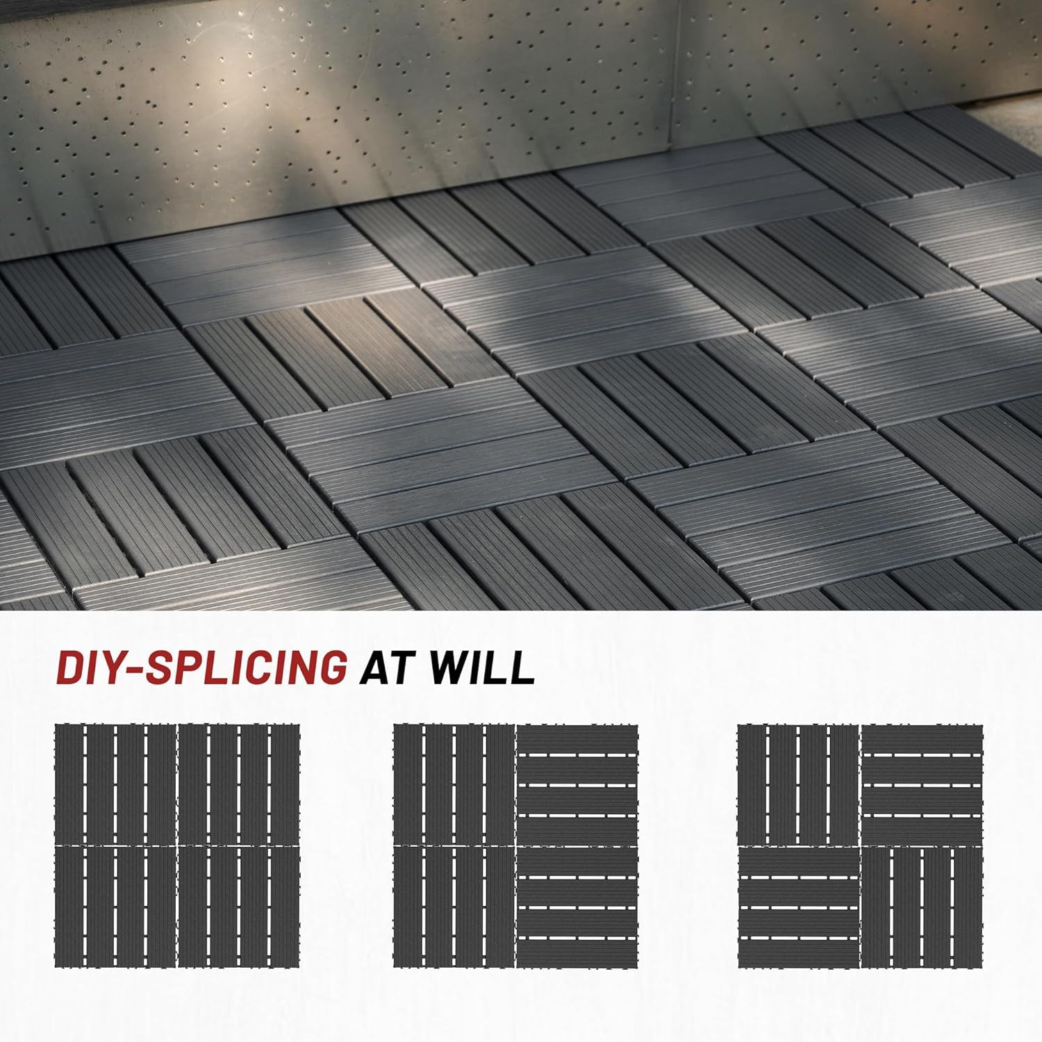 Confezione da 44 Piastrelle per Pavimentazione Esterna Ad Incastro - 30x30 Cm, Impermeabili, Ideali per Balconi, Verande, Giardini E Bordi Piscina - Superficie Dark Grey Texture