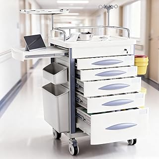 Rolling Emergency Medical Storage Crash Cart with Drawers -CPR Board, IV Pole, Silent Casters, Trash Bin, O2 Holder, Drawer with Dividers, File Box, Nursing Cart for Clinic, Hospital, Salon