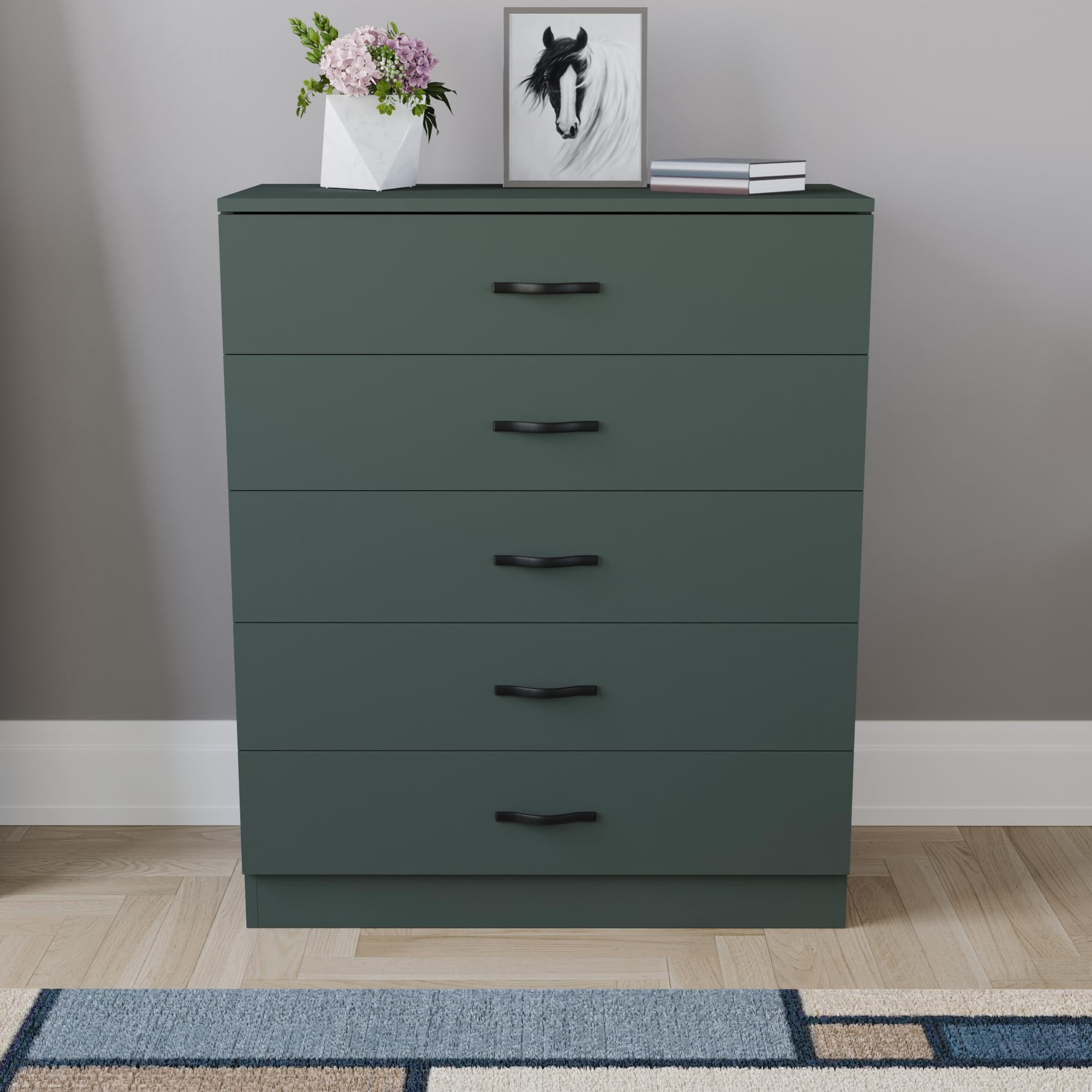 Vida Designs Cassettiera Jasper verde, 5 cassetti con maniglie e guide in metallo, unico supporto anti-piegatura, mobili per camera da letto Riano
