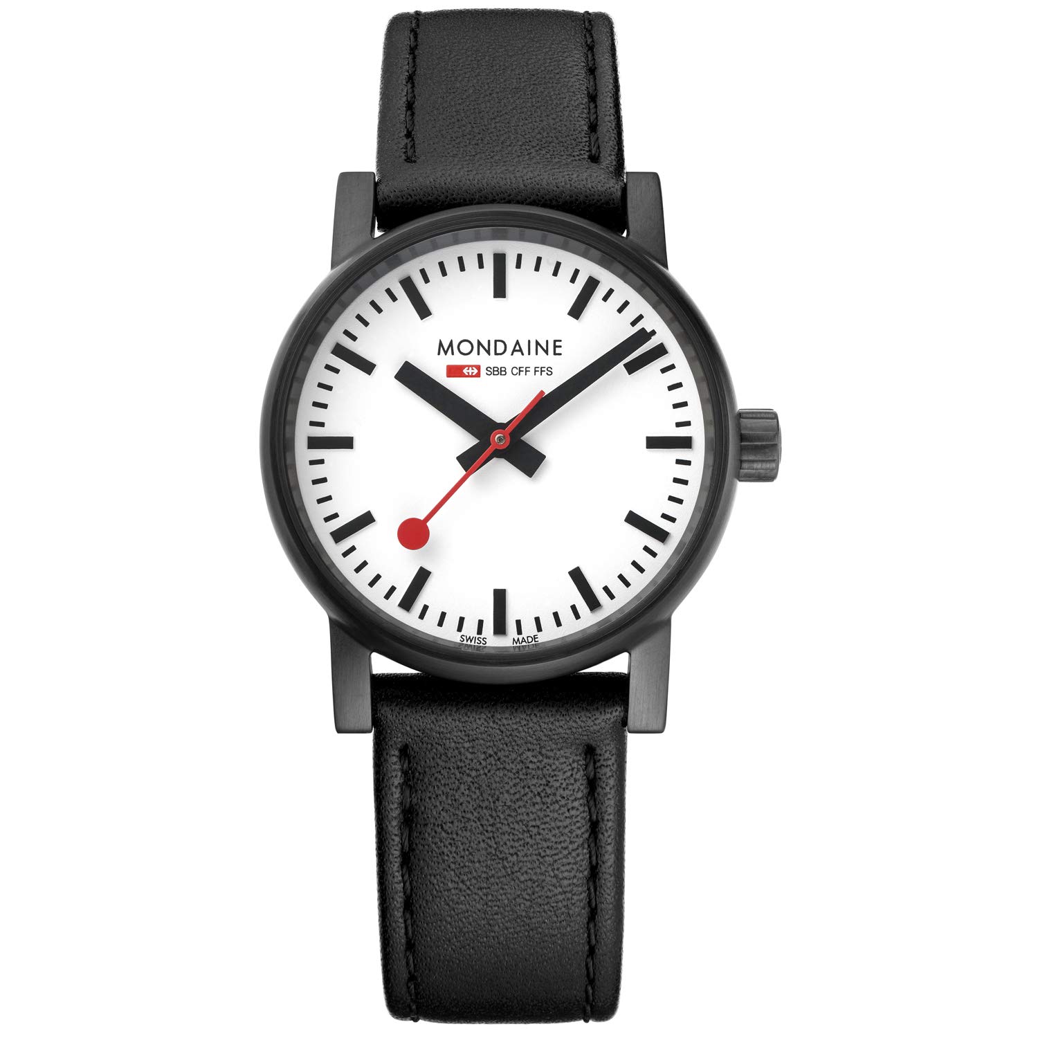 MondaineWomen's evo2 30mm sapphire Watch with St. Steel IP black Case white Dial and black leather with black stitches Strap MSE.30111.LB, Black, Strap