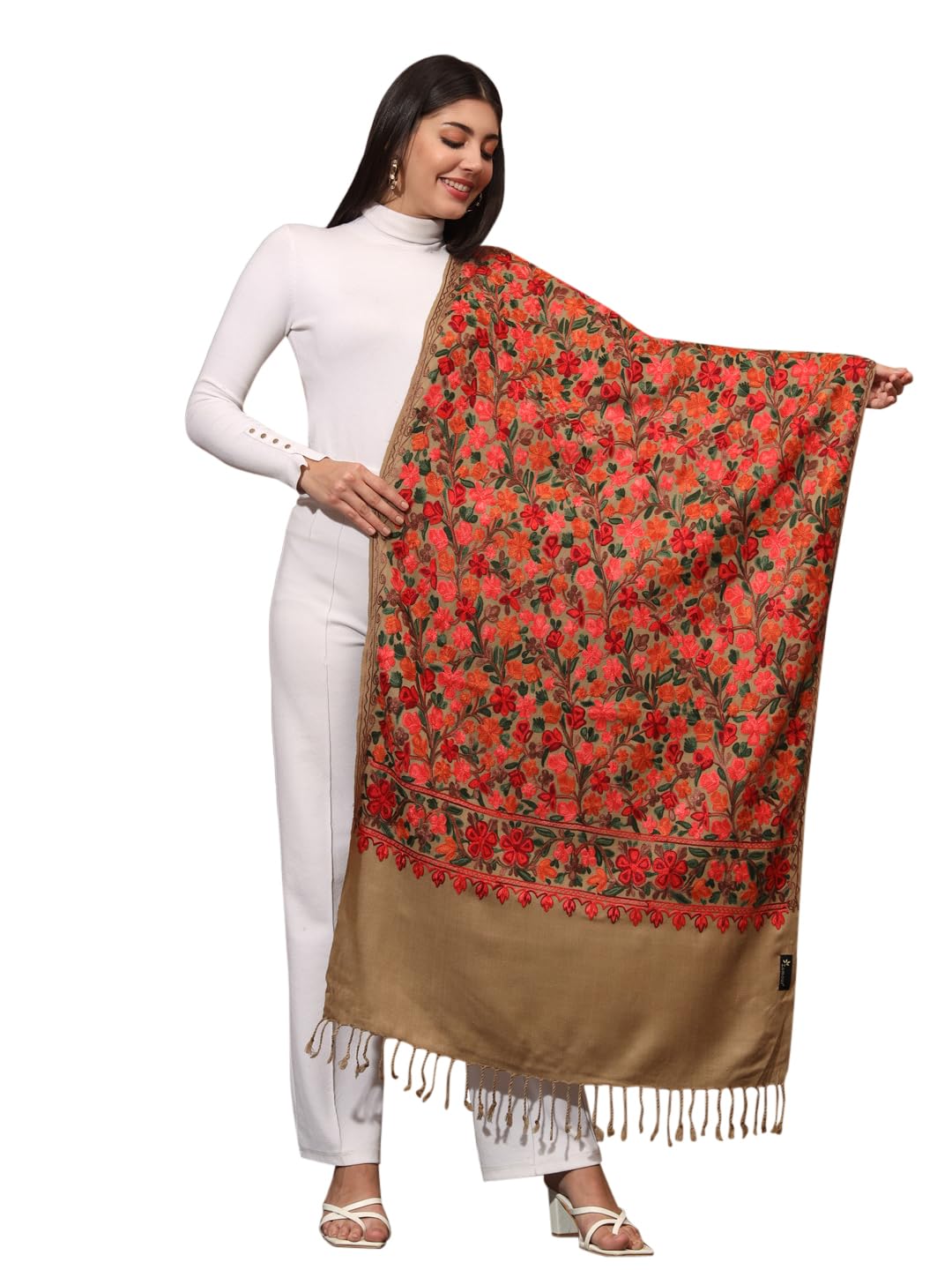ZamourZamour Kashmiri Embroidery Indian Shawl Stole Scarf Wrap for Wedding Parties Bridesmaid Prom (28 inch x 80 inch)