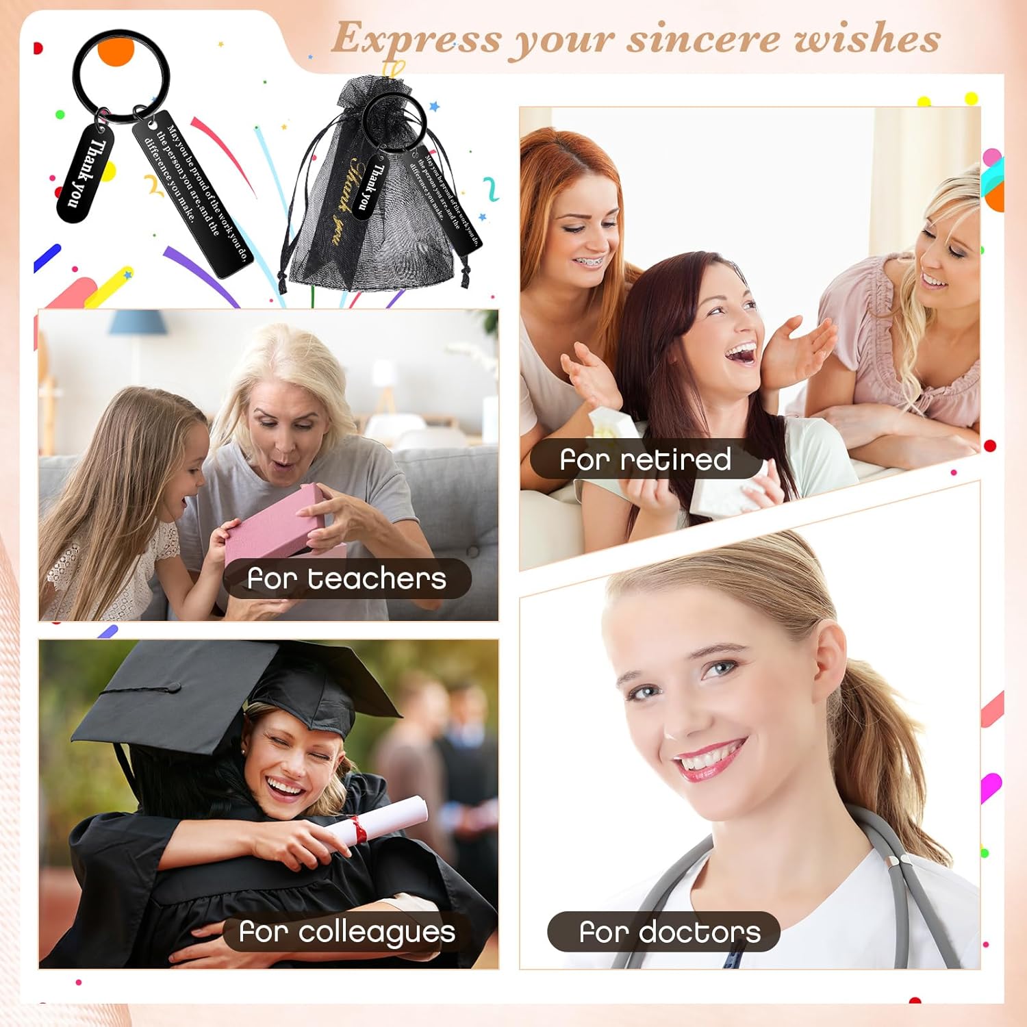 Yinkin 72 Pcs Employee Appreciation Gifts Thank You Coworker Keychain Gifts with Organza Bags and Cards for Staff(Black) - Image 6