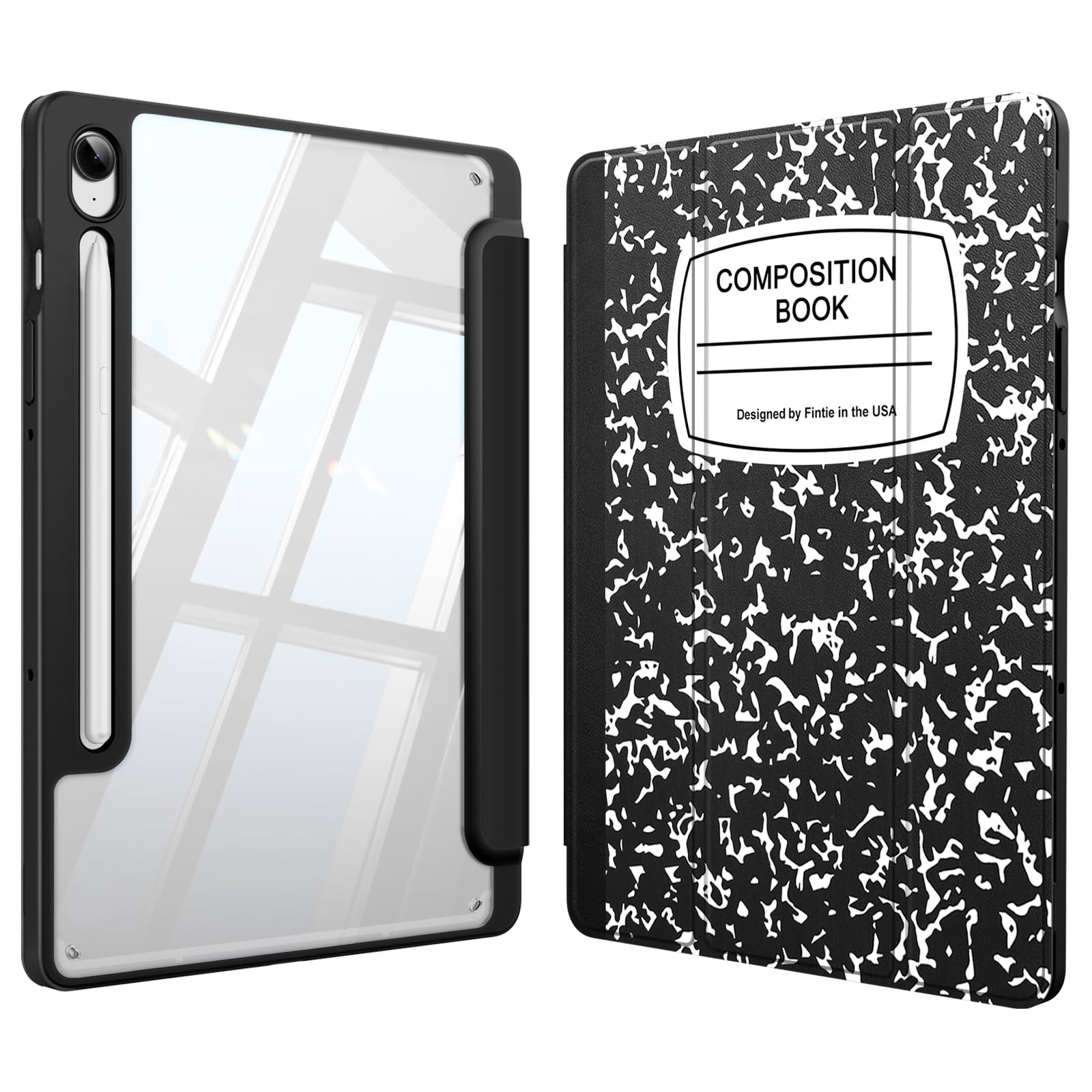 Hybrid Slim Case for Samsung Galaxy Tab S9 FE 5G 10.9 Inch/Galaxy Tab S9 11 Inch 2023 with S Pen Holder, Shockproof Cover with Clear Transparent Back Shell, Auto Wake/Sleep, Composition Book