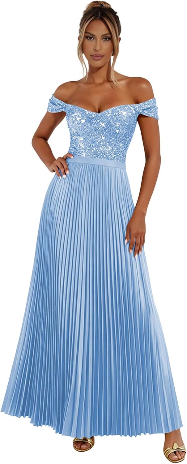 Fashionbride Off Shoulder Sequin Prom Dresses for Women Pleated Satin Formal Dress A Line Evening Gown with Slit AP135
