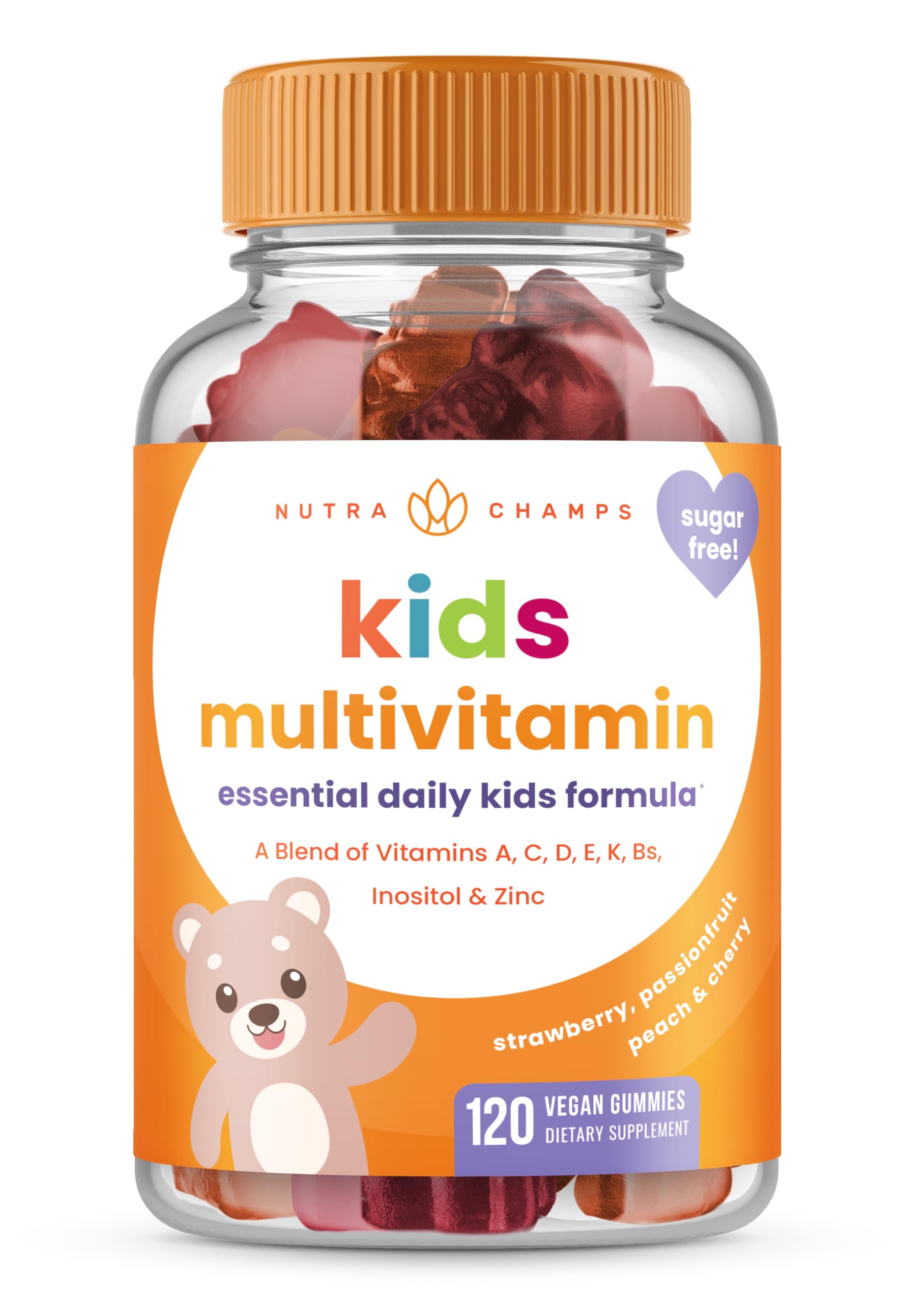 NutraChamps Kids Multivitamin Gummies | Sugar Free 120 Gummy Vitamins for Kids | Vegan & Non-GMO | Strawberry, Passionfruit, Peach & Cherry