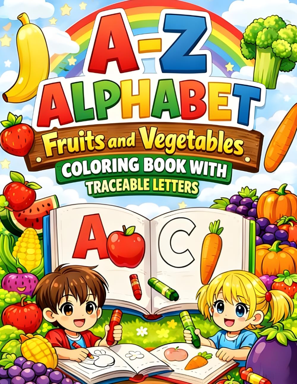 A-Z Alphabet Fruits & Vegetables Coloring Book with Tracing Letters
