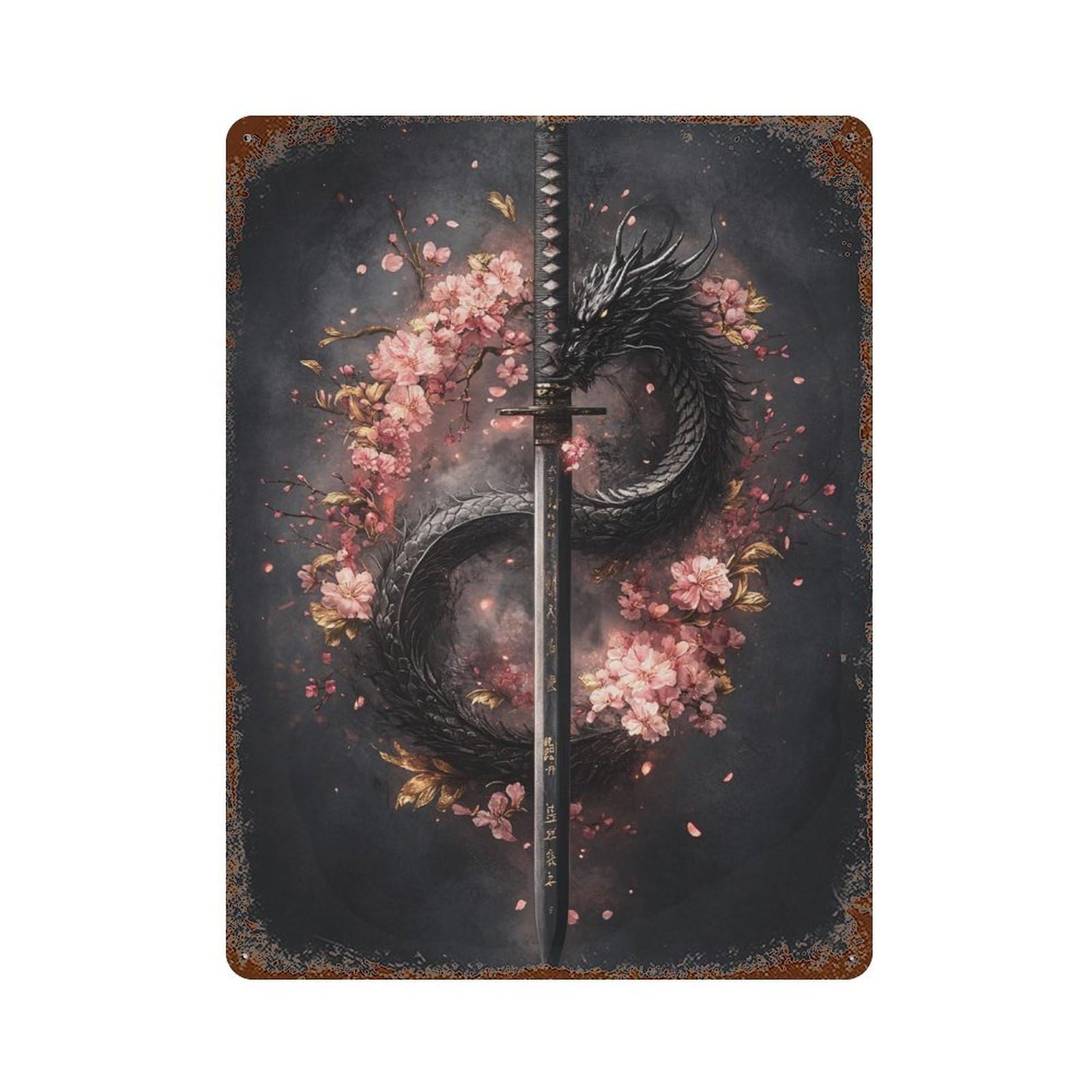 Dragon Sword with Cherry Blossoms -3 Retro Metal Sign 15.7"x11.8", for Pub, Kitchen And Man Cave Decor, Industrial Home Decor