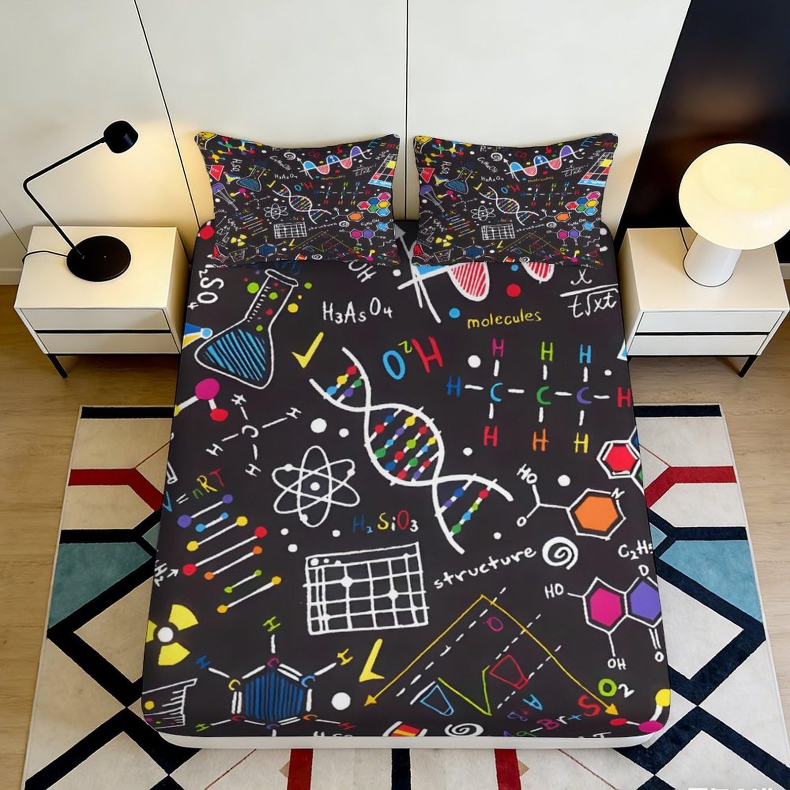 3D Printed Science Chemistry Pattern Fitted Sheet Microfiber Black Bed Cover for Bedroom Dorm Mattress Protection Decor 90x200x25cm