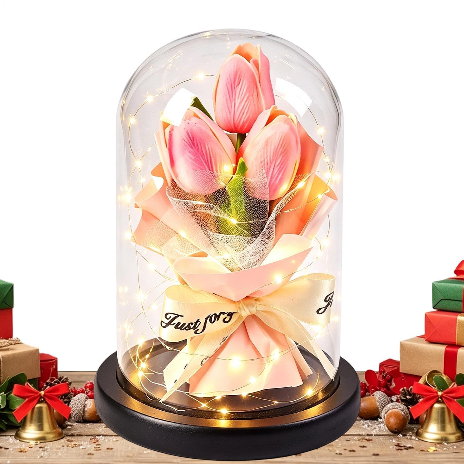 Bouquet di fiori secchi stabilizzati con luce a LED in cupola di - De