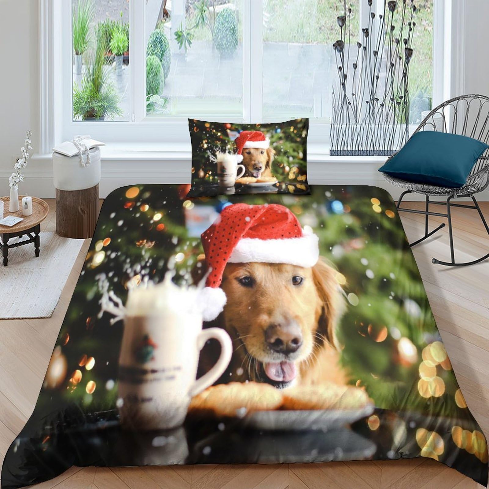 Housses de couettes chien Noël 135x200cm parure lit microfibre avec taies d'oreiller pour lit single