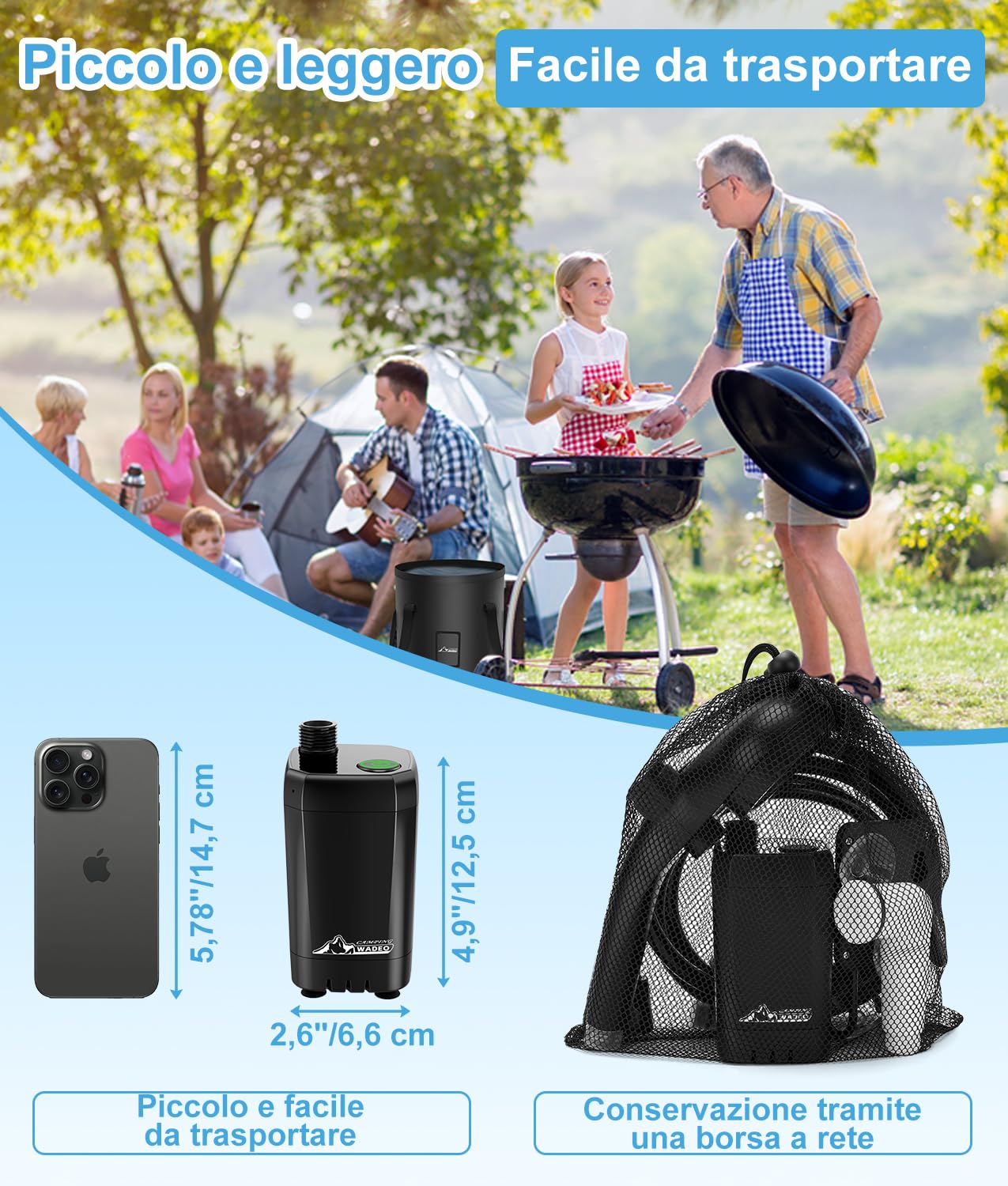 WADEO Doccia da Campeggio, [Secchio Pieghevole da 20L] [6000mAh] Pompa Doccia a Batteria Ricaricabile, Doccia Portatile per Spiaggia, Animali, Auto, Giardino