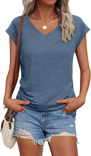 AUTOMET Womens V Neck T Shirts Spring Summer Cap Sleeve Basic Tees Trendy Cute Tops for Work Dressy Casual Beach Vacation