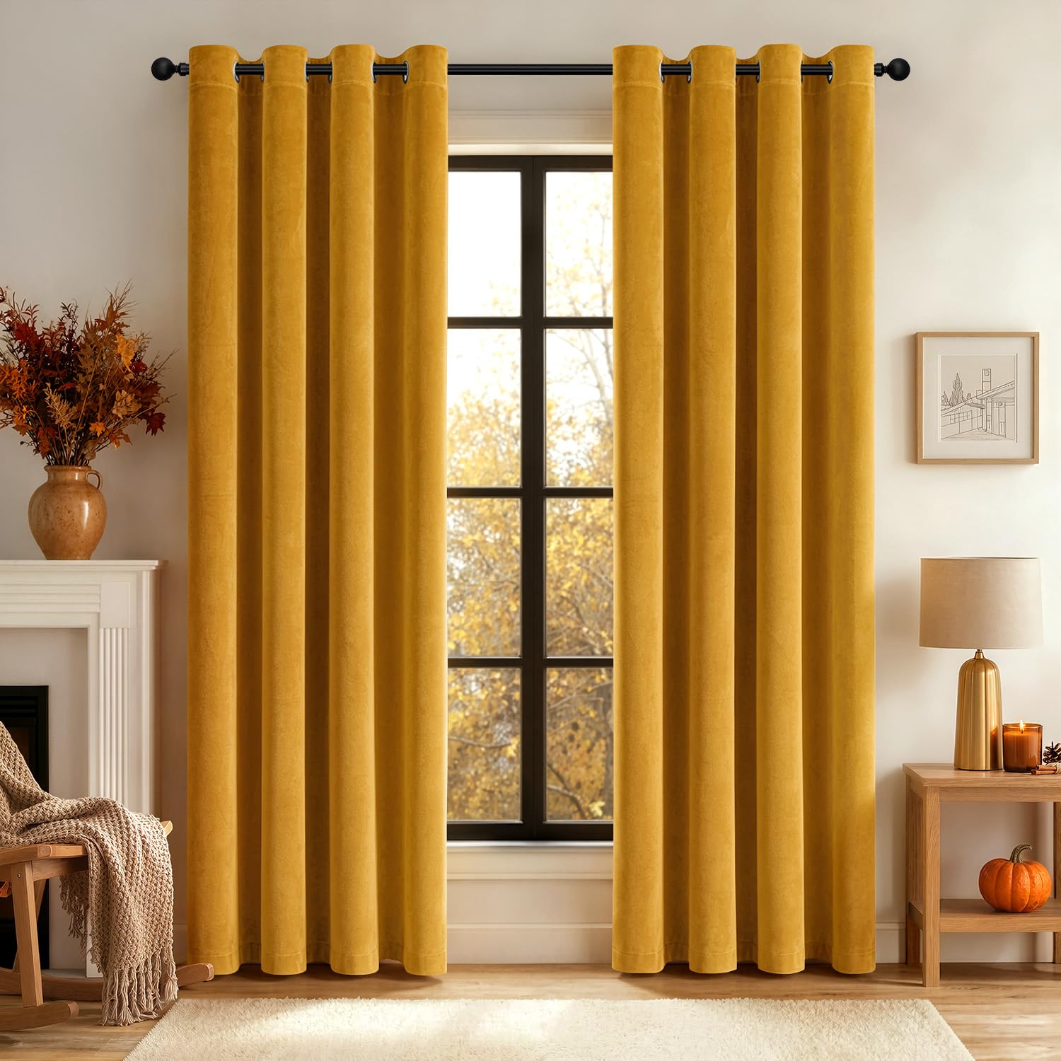 EMEMA Samtvorhänge mit Ösen 2er Senfgelb Verdunklungsvorhänge H300xB140cm | Samtvorhänge mit Ösen Gardinen Deko Wohnzimmer Weich Verdunkelung Curtains Thermovorhang Schalldämmend Schlafzimmer Gardinen