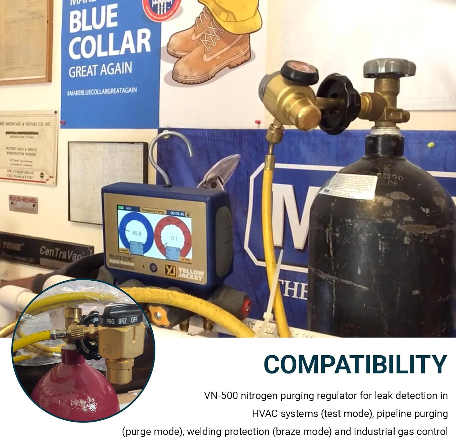 VN-500 Nitrogen Purging Regulator w/500psi - 4-Position Flow Control (TST/PRG/BRZ/OFF) for leak testing,Heavy-Duty Brass