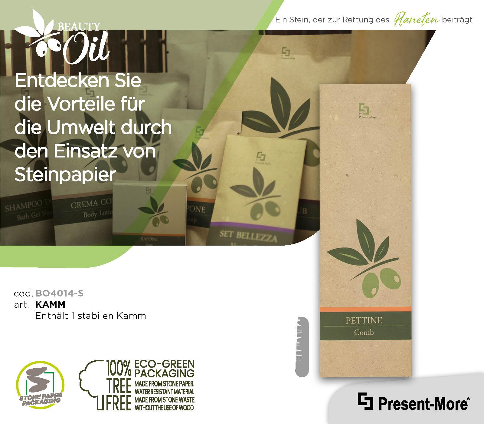 Present-More Beauty Oil Kamm - Reisekamm für Hotels, B&B und Hotels | Reisekamm einzeln verpackt und in Stone Paper Material verpackt