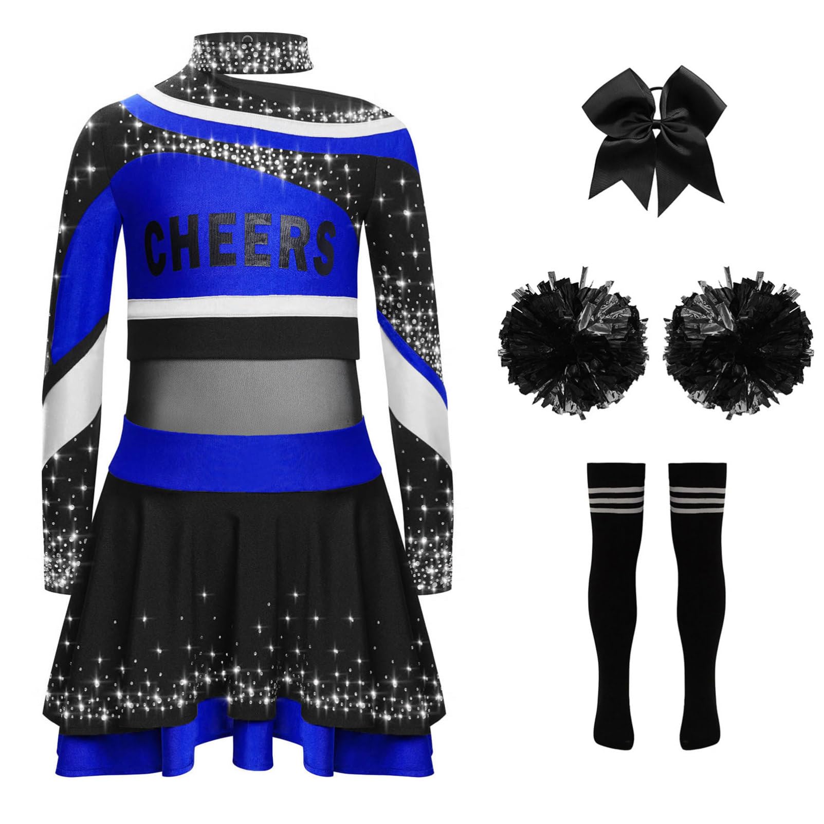CHICTRY Cheerleaderin Kostüm Kinder Mädchen Cheer Training Outfit Langarm Sportkleid Strass Glitzer Tanzkleid Mit Handblumen Schleife Strümpfe Tanzkostüm