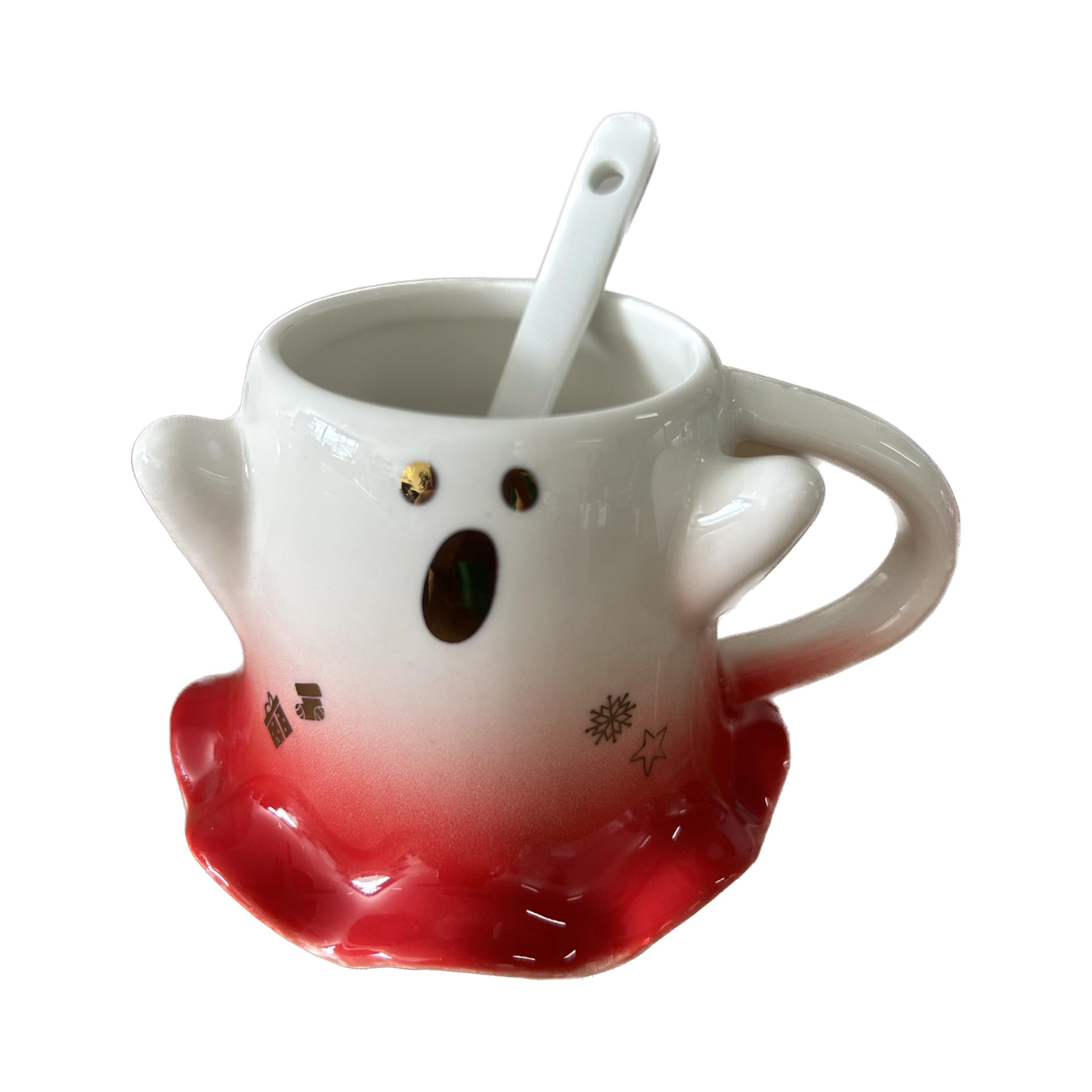 KKGUD Novelty Mini Cup, Ceramic 4.5oz Halloween Coffee Cup with Spoon- Scary Ghost (White+ Red), Scary Ghost- White& Red, 130ml, Small