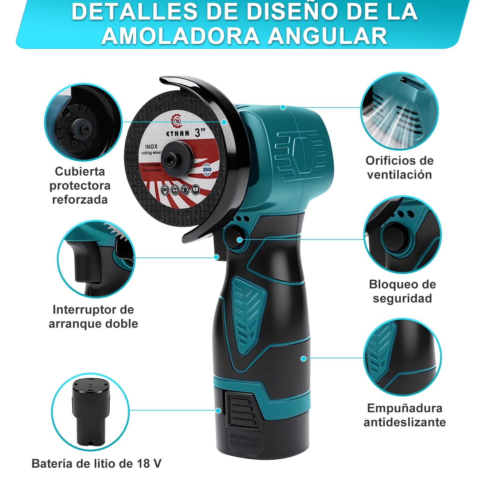 Mini Amoladora Angular BateríA, 22000rpm 18V 76mm Mini Radial PequeñA De BateríA Amoladora Inalambrica Con 2 BateríAs 1300mah Y 7 Discos Para Metal, Madera, Azulejos Pulir, Lijar, Cortar