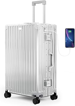 24-Inch Check In Suitcase with Thickened Aluminum Frame, PC Hardside Zipperless Luggage with Spinner Wheels, TSA Lock,USB Charging Port, Light Gray