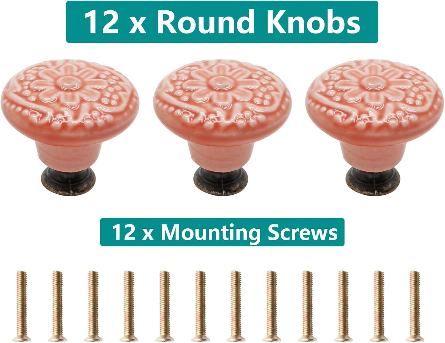 12pcs Pink Cabinet Knobs, Retro Ceramic Dresser Knobs, 34mm / 1.3" Drawer Pulls Dresser Handles with Mounting Screws