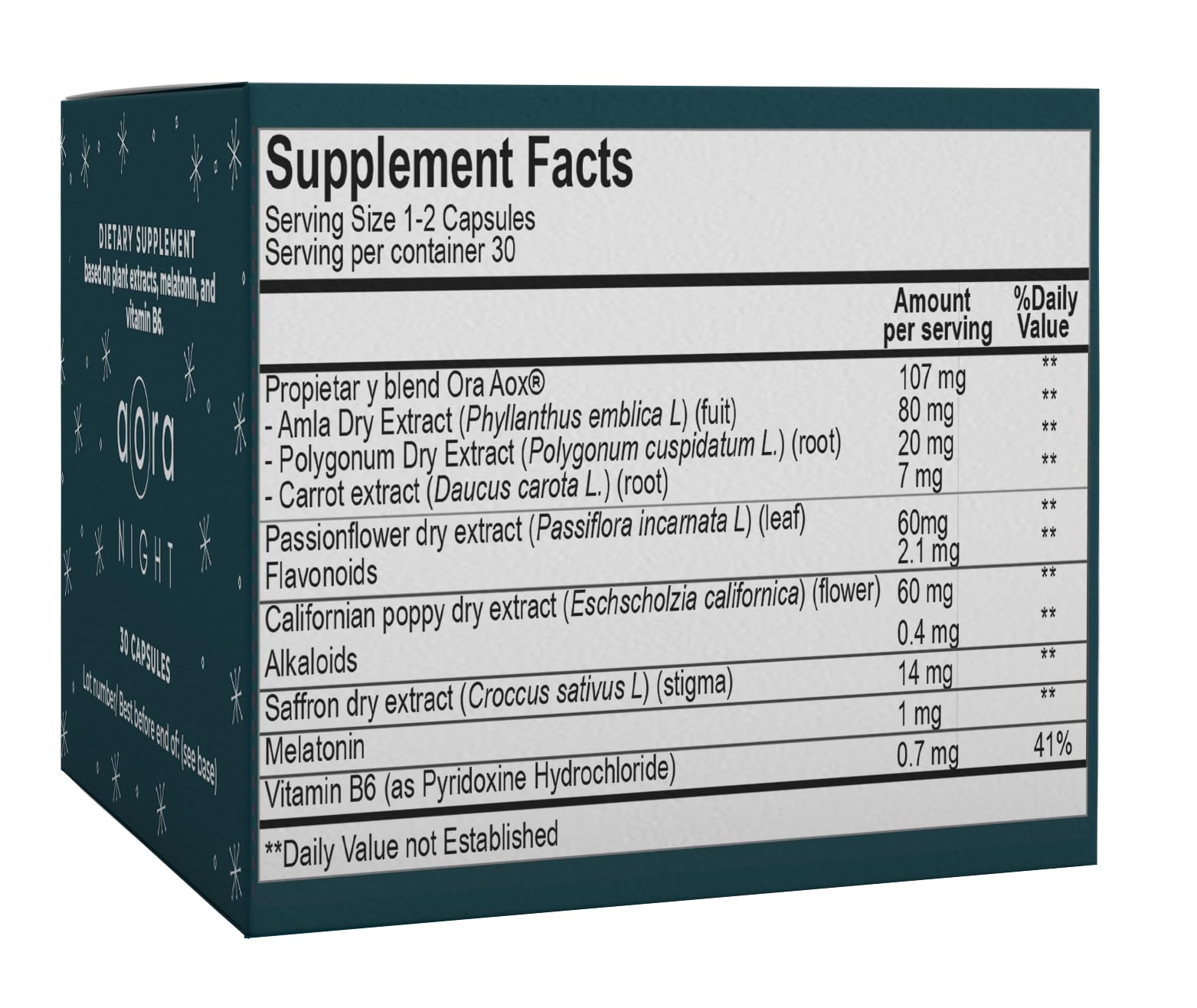 AORA Noche - Cápsulas para Dormir 30 unidades | Sueño Profundo y Reparador | Antioxidante y Antiedad Natural | Azafrán, Valeriana, Vitamina B6 y Resveratrol