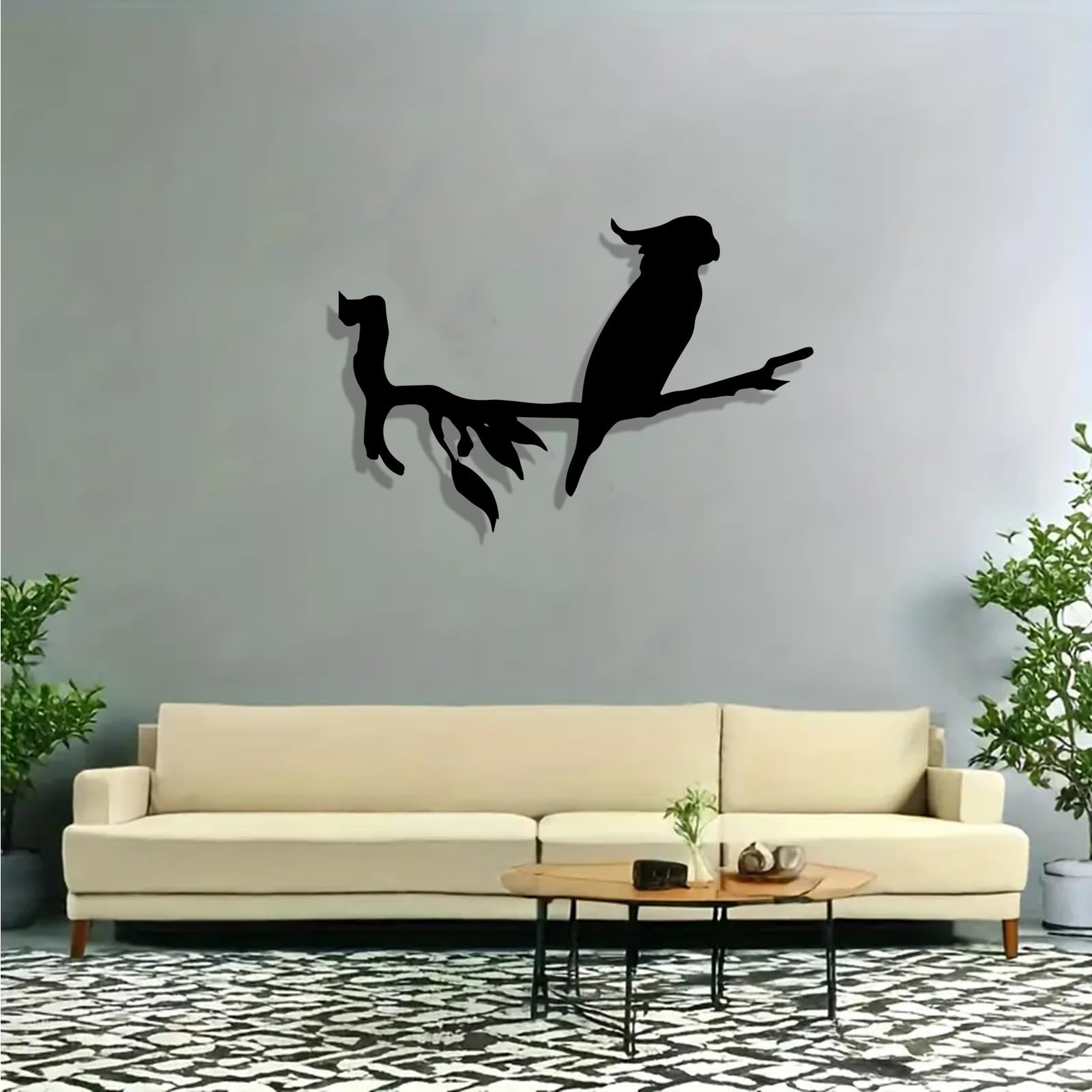 Decoración de pared abstracta contemporánea de metal con silueta de cacatúa, arte de pájaro cortado con láser y resistente a la intemperie para el hogar y el jardín, elegante mural para aviario o