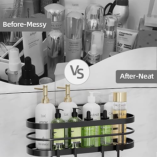 Miniatura 6 de LGQXGO Estante organizador de regadera, paquete de 3 estantes de baño adhesivos negros, estante de ducha con 12 ganchos, sin taladrar, organización
