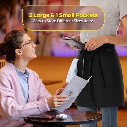 Miniatura 4 de Delantal negro con 3 bolsillos de 22 pulgadas de largo para camarera bistró delantales de media cintura para mujeres y hombres impermeables