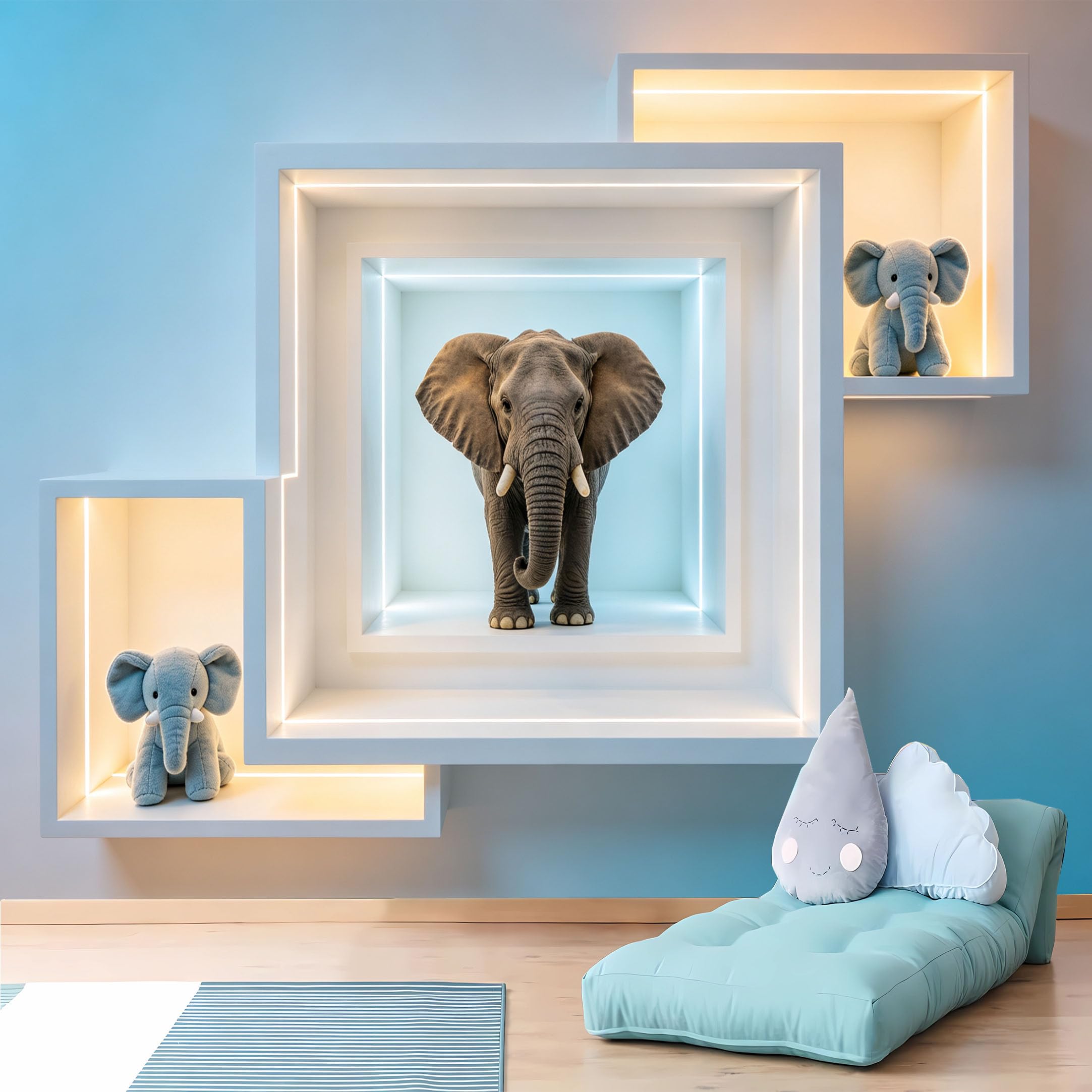 Custom Size Wall Murals 3D Geometric Niche with Elephant and Stuffed Elephants Full Wall Self-Adhesive Wall Fabric (NO PVC) Removable Wallpaper for Office